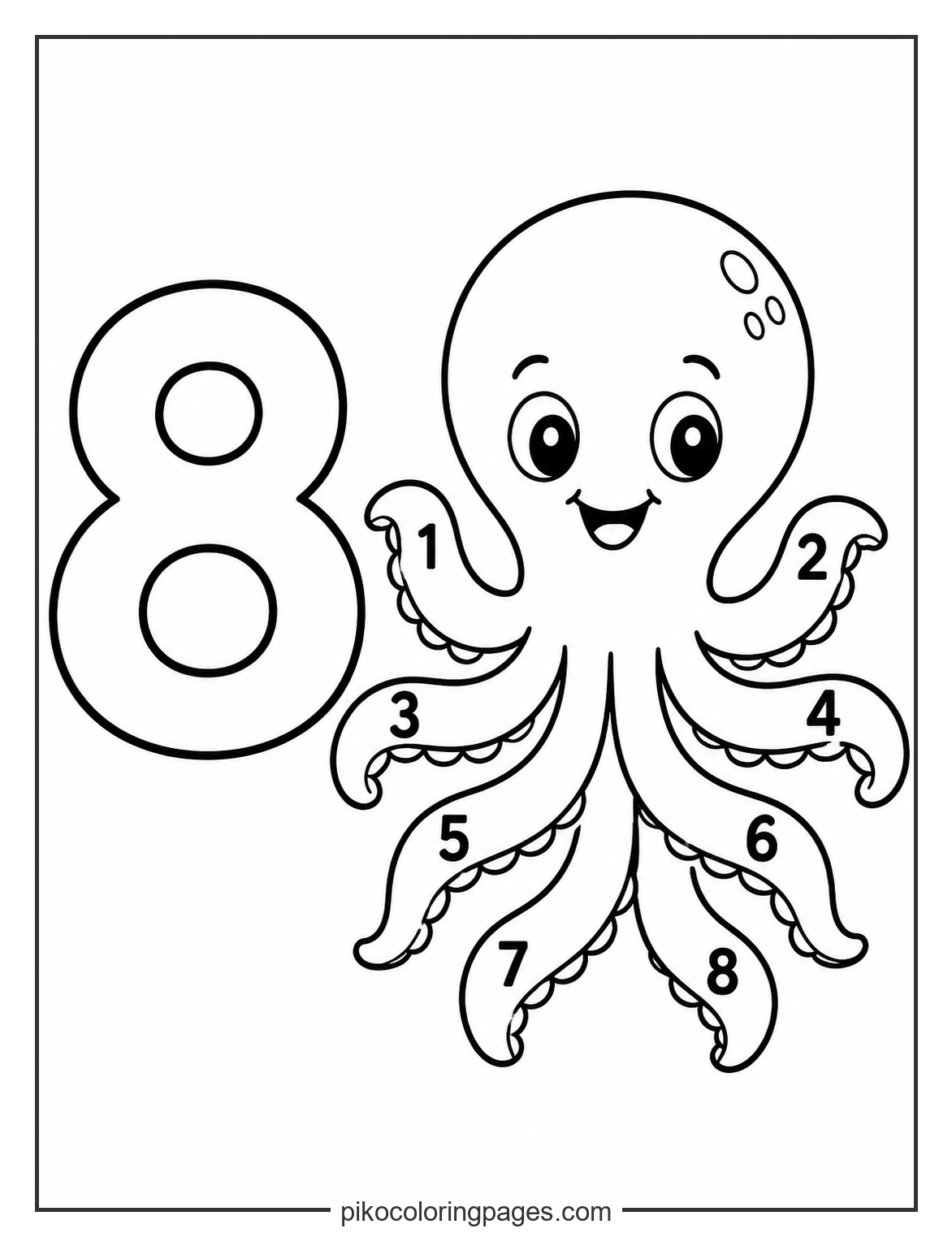 Learn to count to eight with our friendly octopus friend. octopus counting to eight coloring page