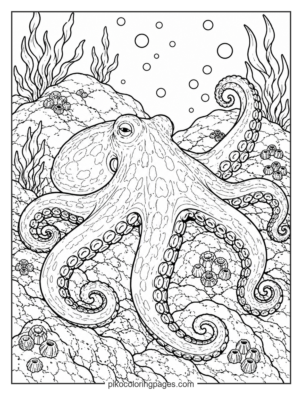 Explore the textures of the deep with this realistic giant octopus. realistic giant pacific octopus on reef coloring page
