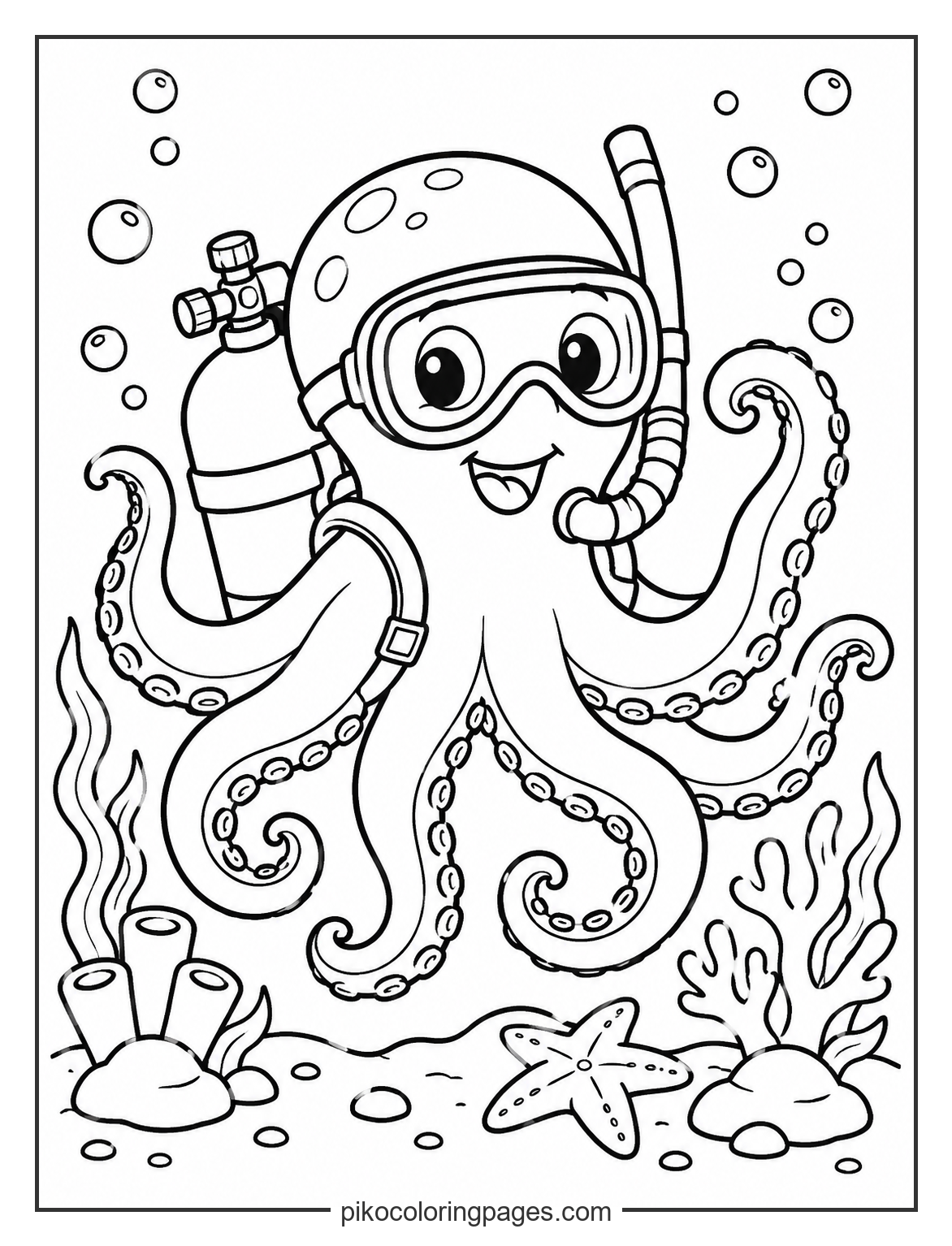 An octopus that needs a little extra help to breathe! funny scuba diving octopus coloring page