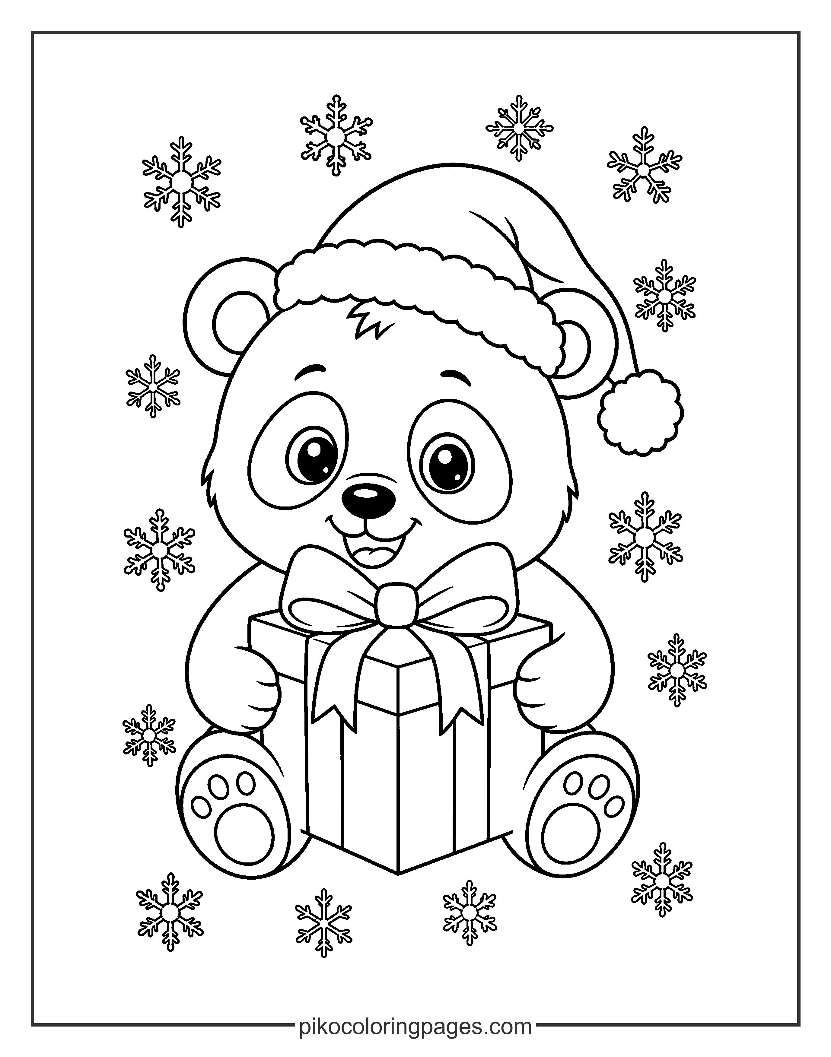 Christmas panda with a gift and Santa hat coloring page