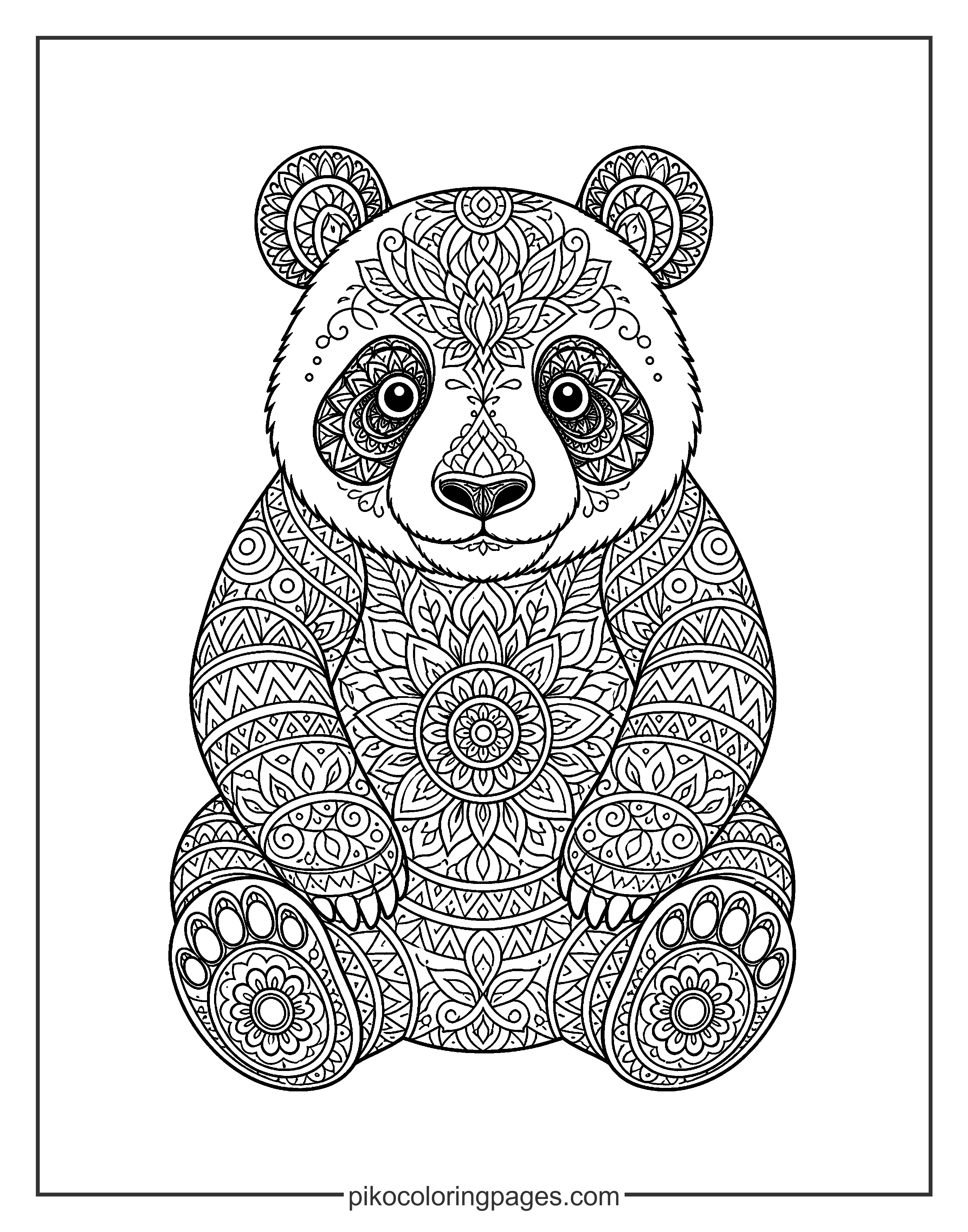 Full body panda mandala coloring page with geometric patterns
