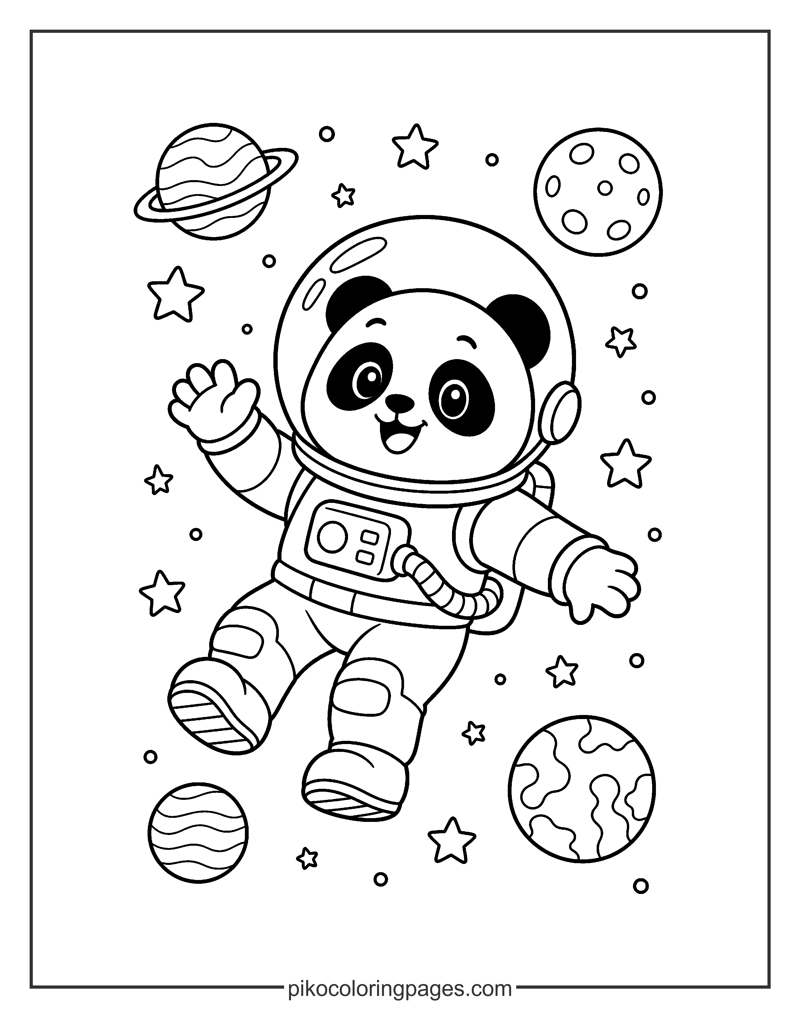 Kawaii panda astronaut in outer space coloring page