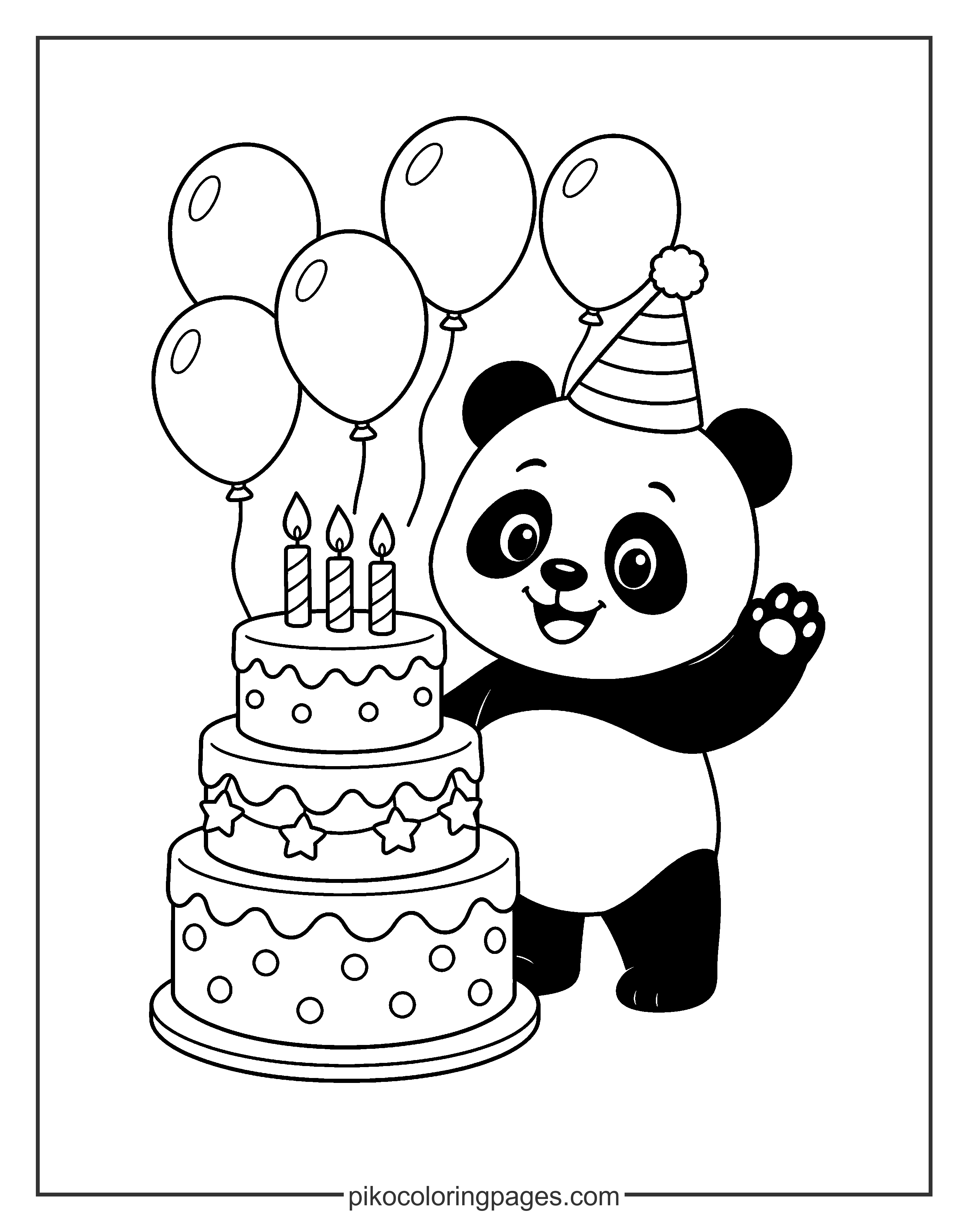 Kawaii panda birthday party coloring page with cake