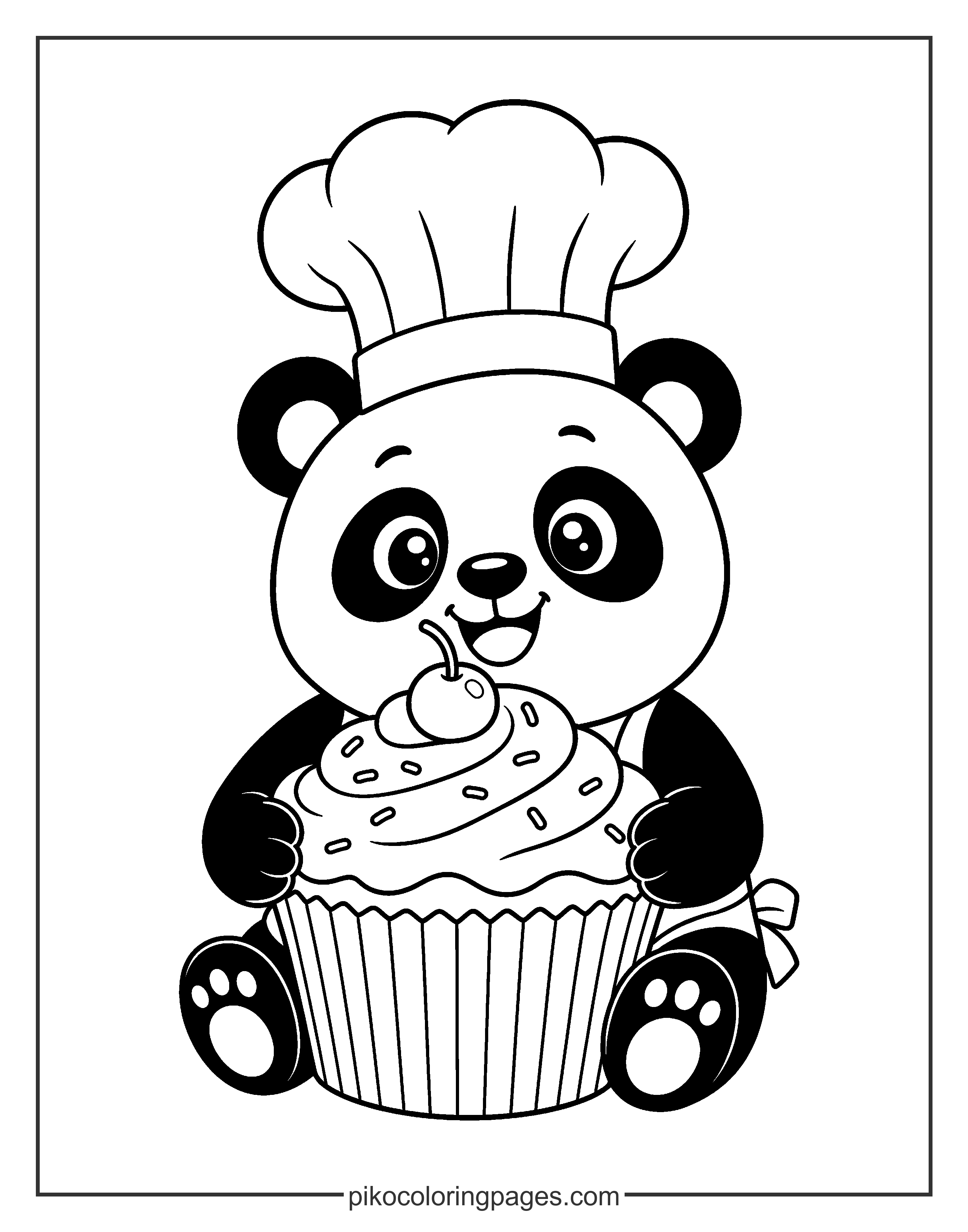 Kawaii panda chef holding a cupcake coloring page