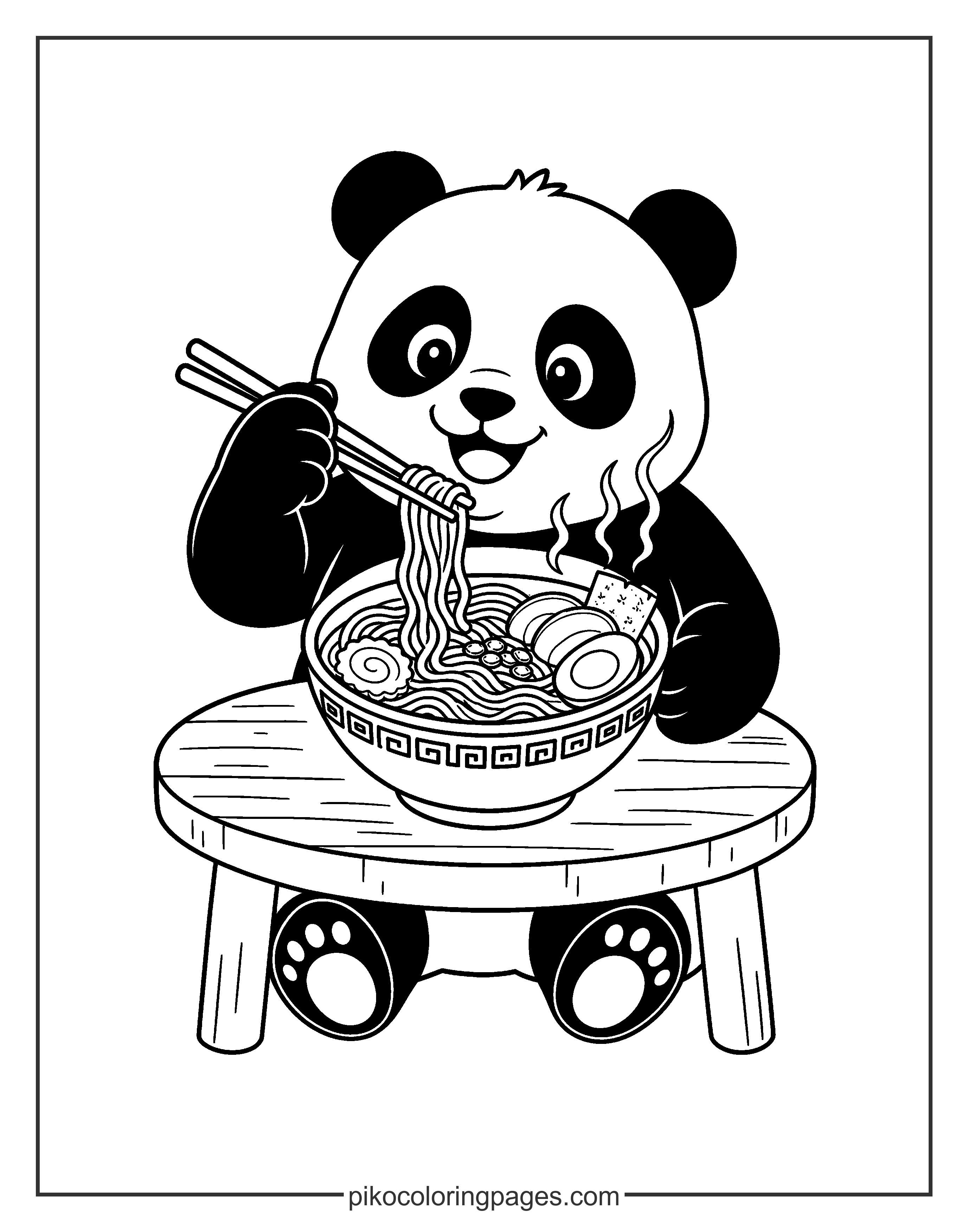 Kawaii panda eating ramen noodles coloring page