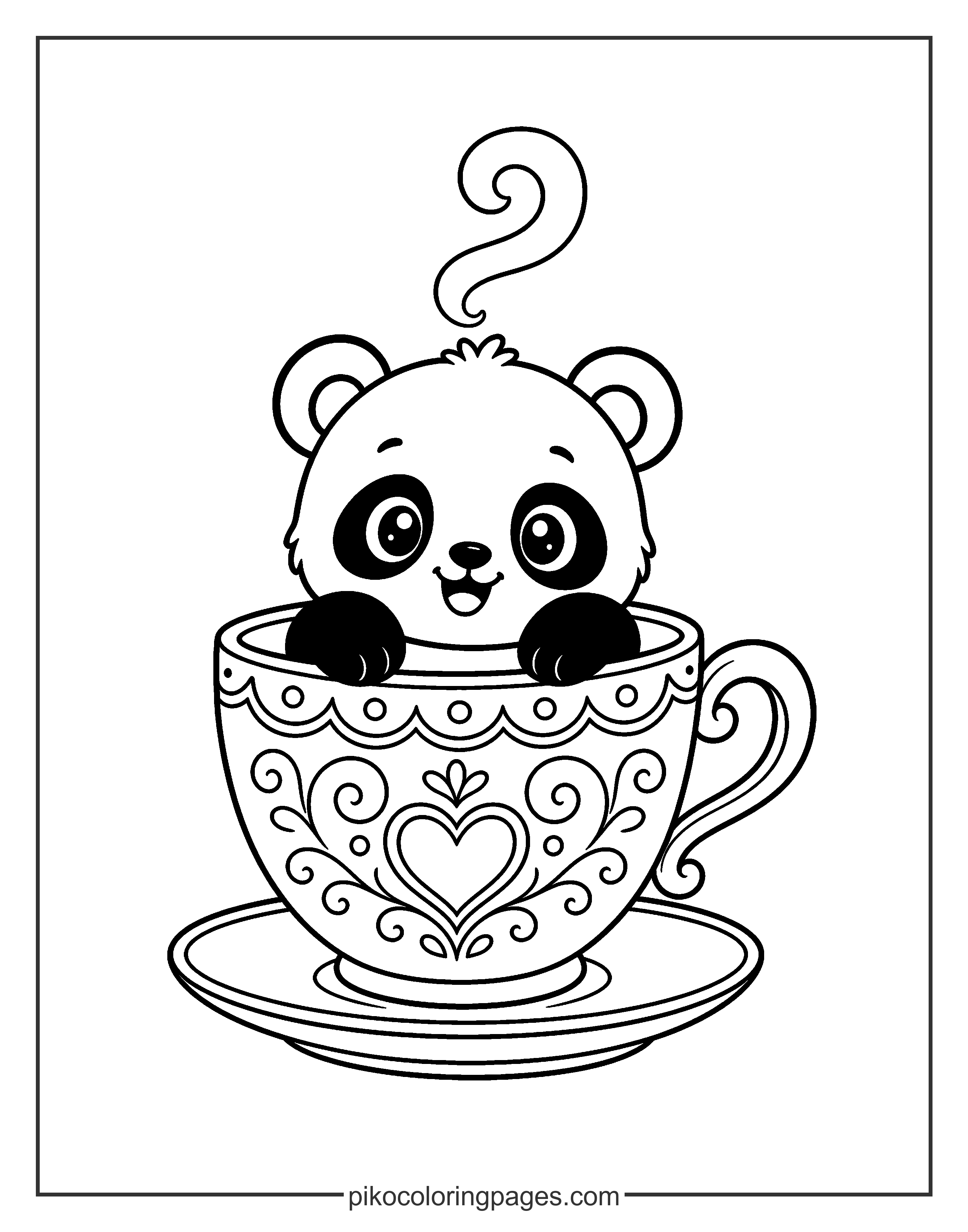 Kawaii panda sitting inside a tea cup coloring page