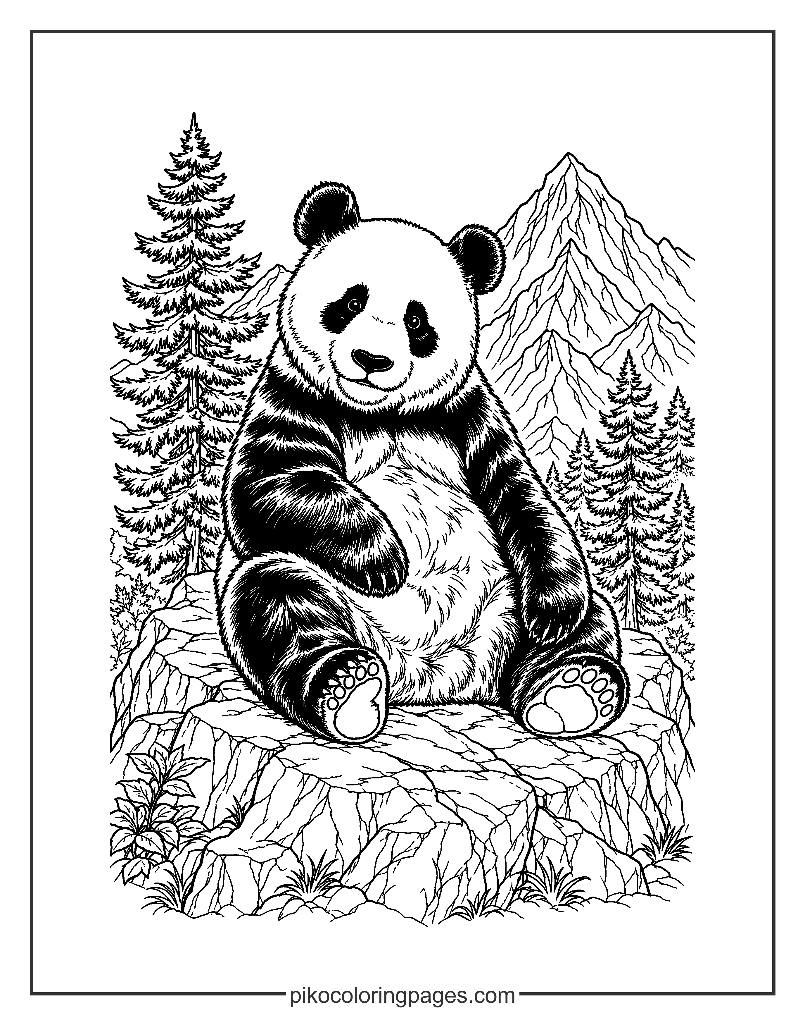 Realistic giant panda in its natural mountain habitat coloring sheet