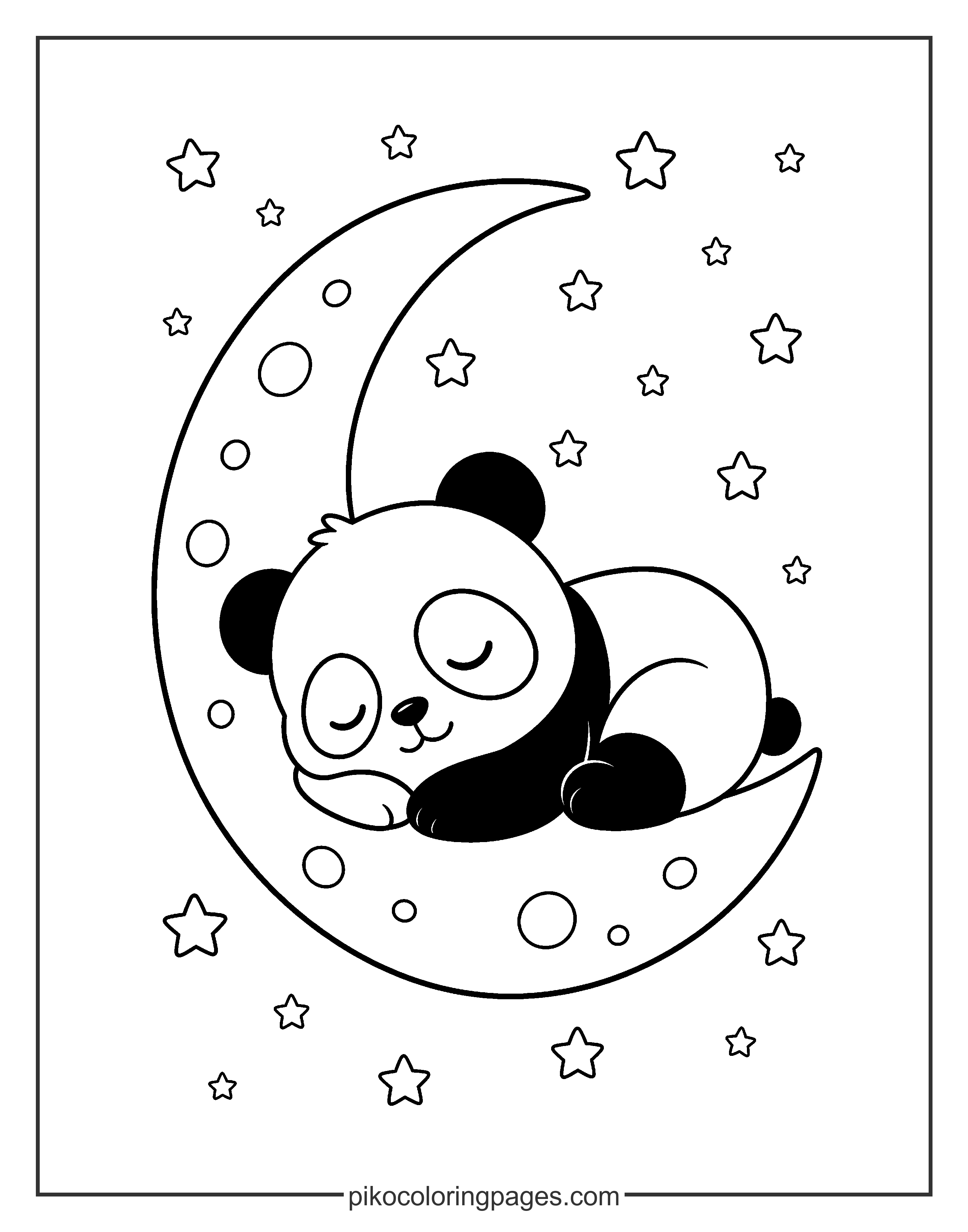 Sleepy kawaii panda on a crescent moon coloring page