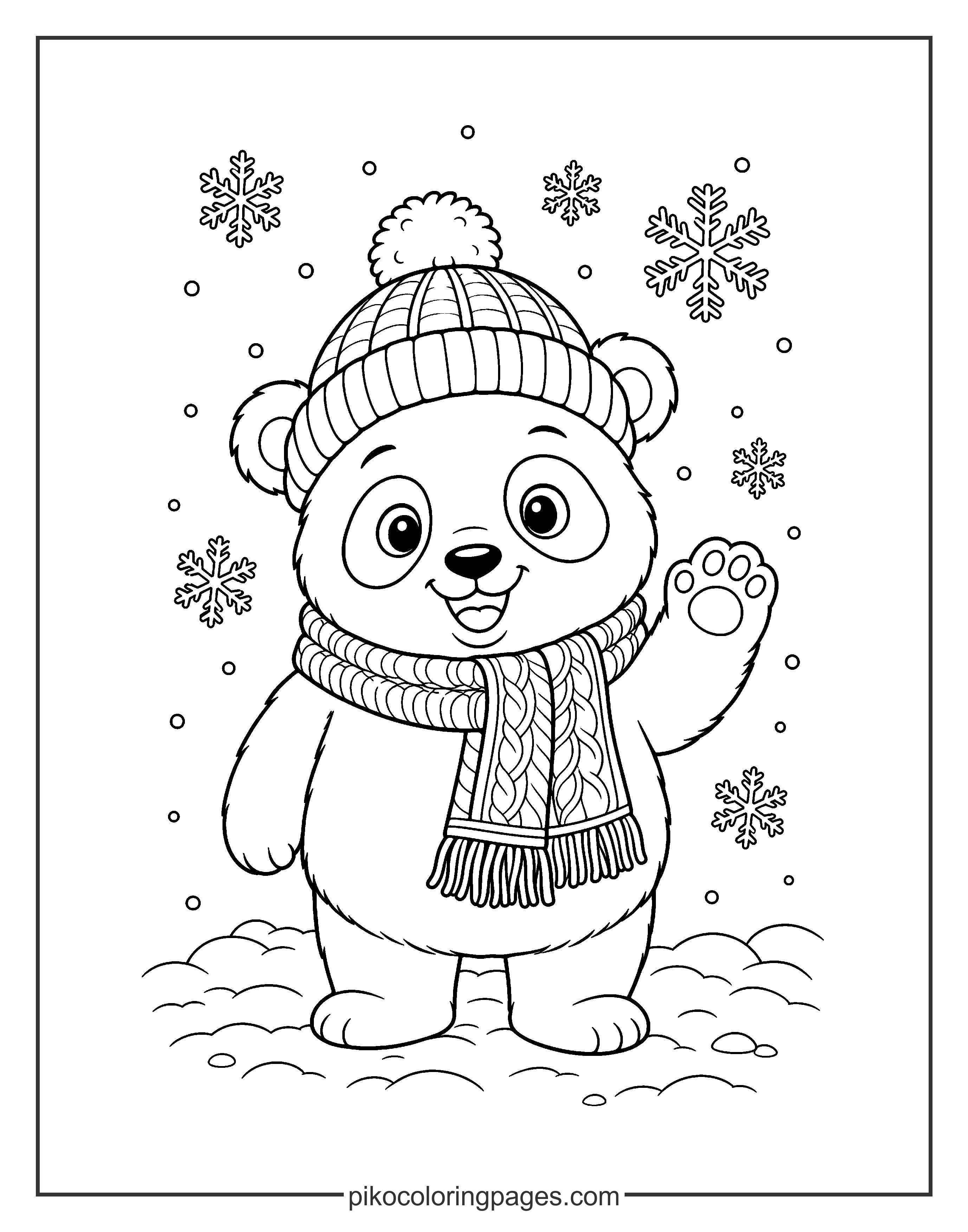 Winter panda wearing a scarf and beanie coloring page