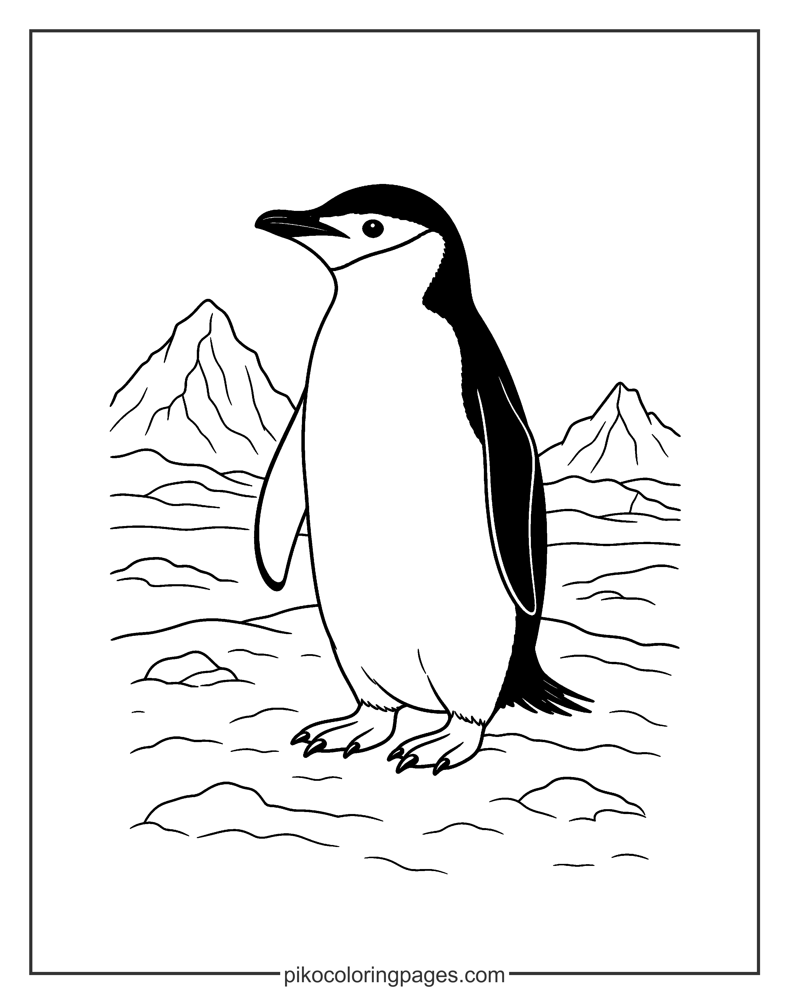 Can you see why this is called a Chinstrap penguin? Look at the line under its beak! A realistic chinstrap penguin coloring page showing its unique markings.