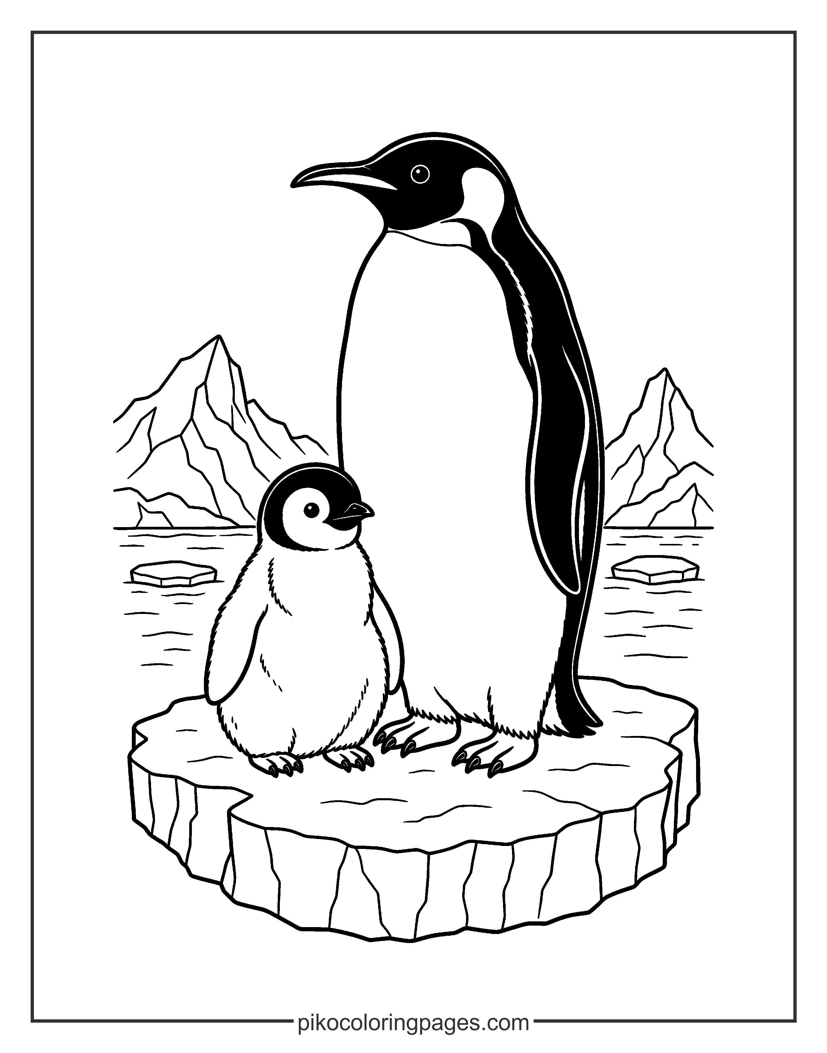 Explore the wonders of the Antarctic with this realistic emperor penguin family. Realistic line art of an adult emperor penguin and its chick.
