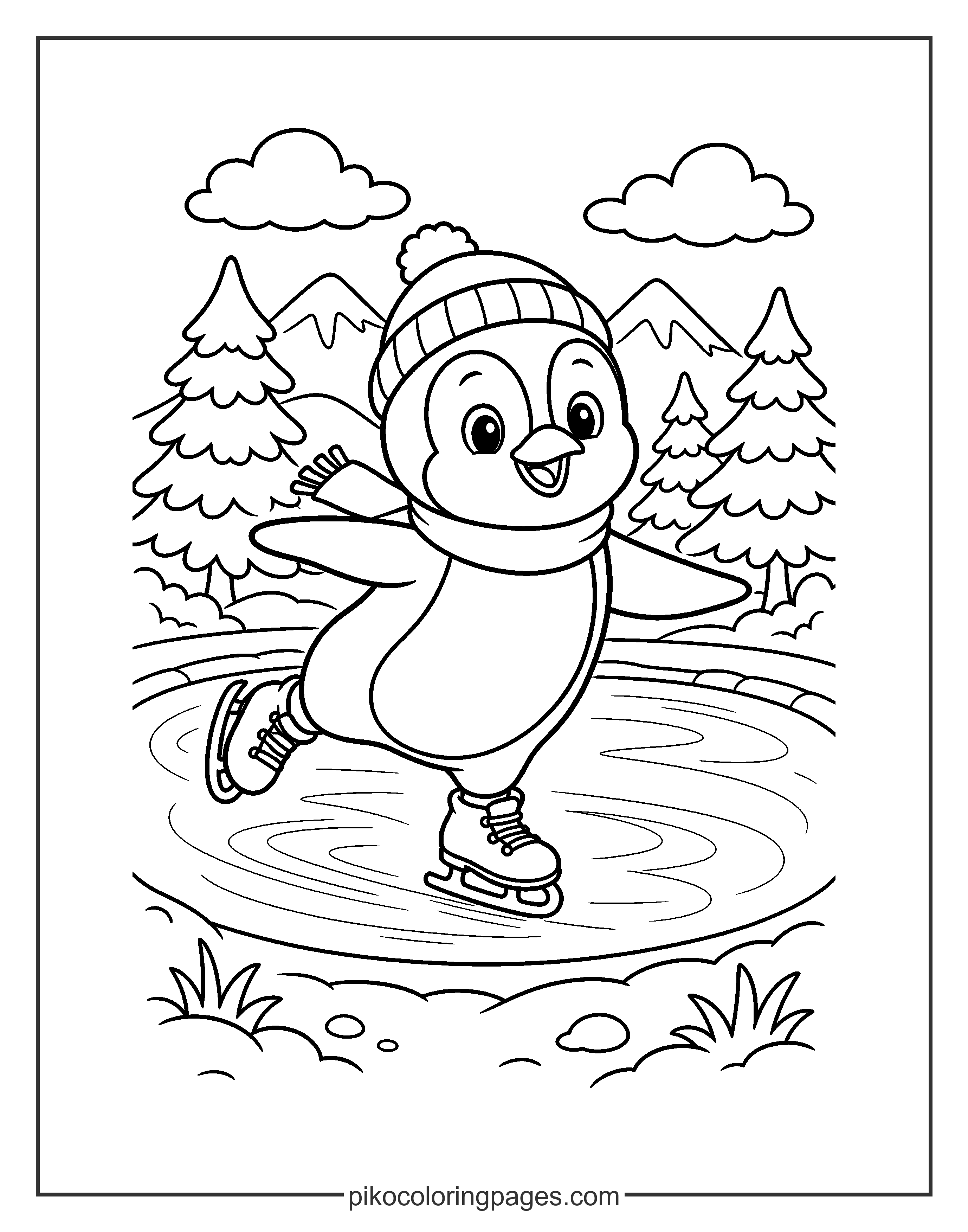 This penguin is a pro on the ice! Look at those skating moves. A cute penguin ice skating on a frozen pond coloring page.
