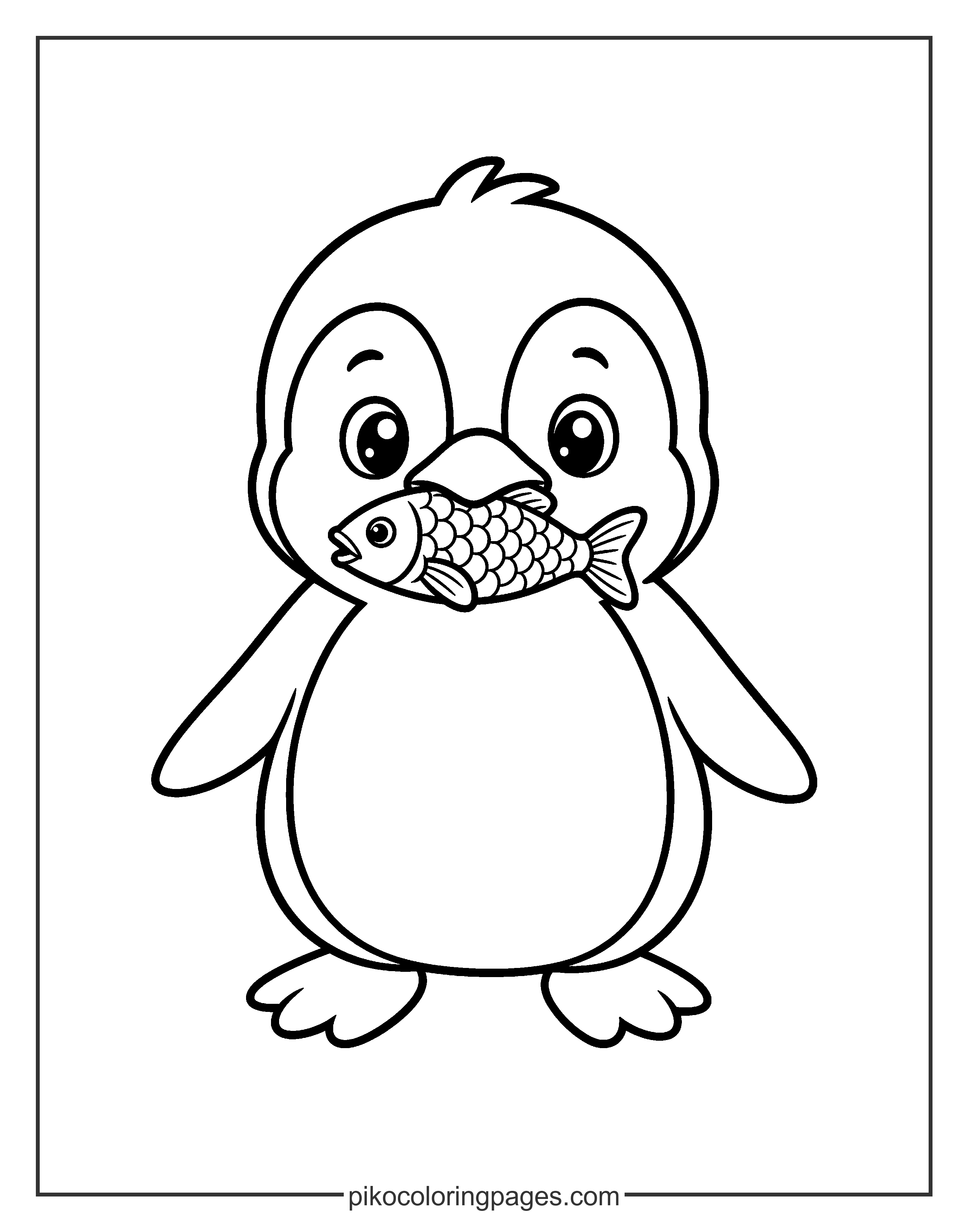 Dinner time! This lucky penguin just caught a tasty fish. A chubby kawaii penguin caught a fish for dinner coloring sheet.