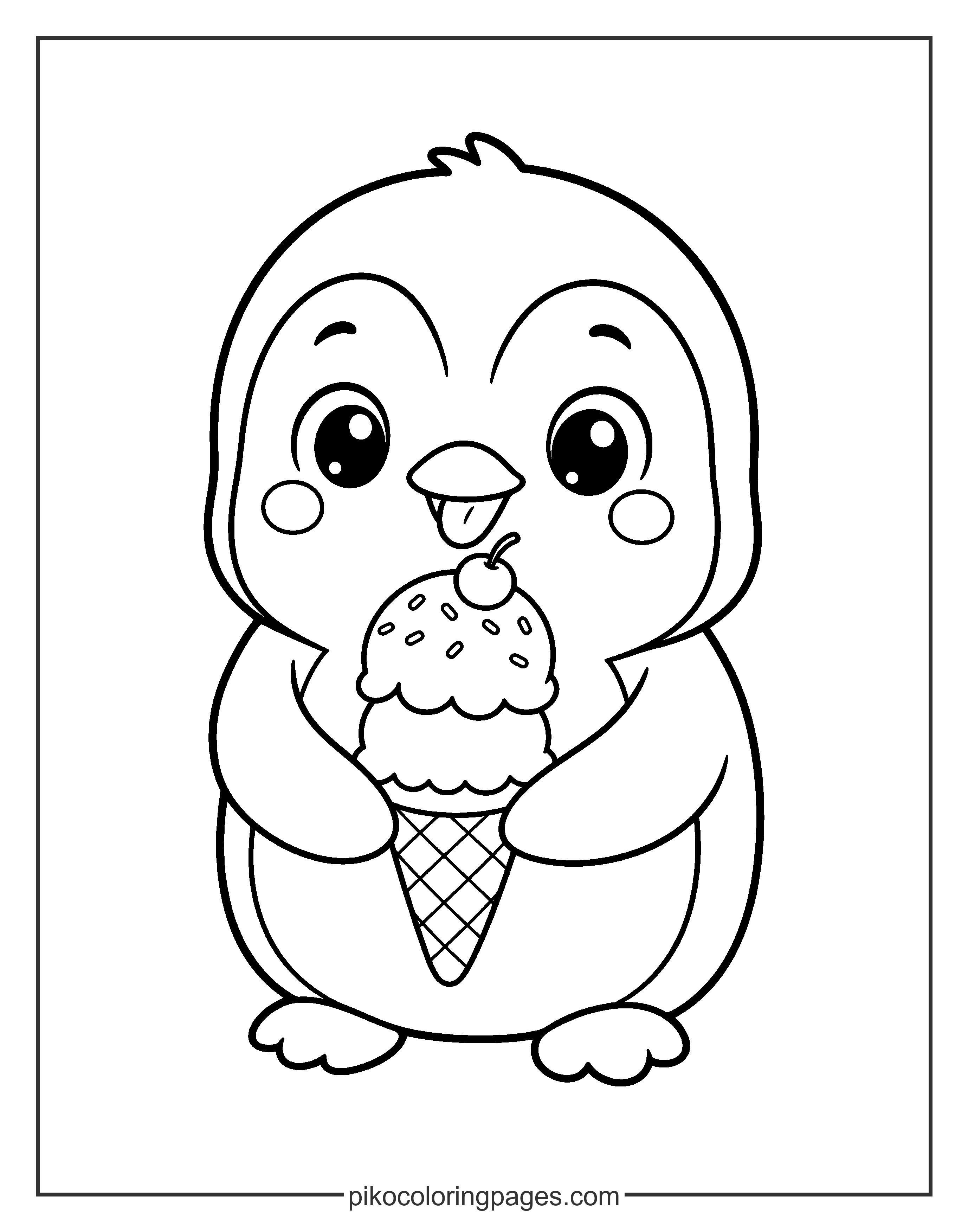 Even penguins love ice cream! What flavor would you choose? A cute penguin enjoying a big ice cream cone coloring sheet.