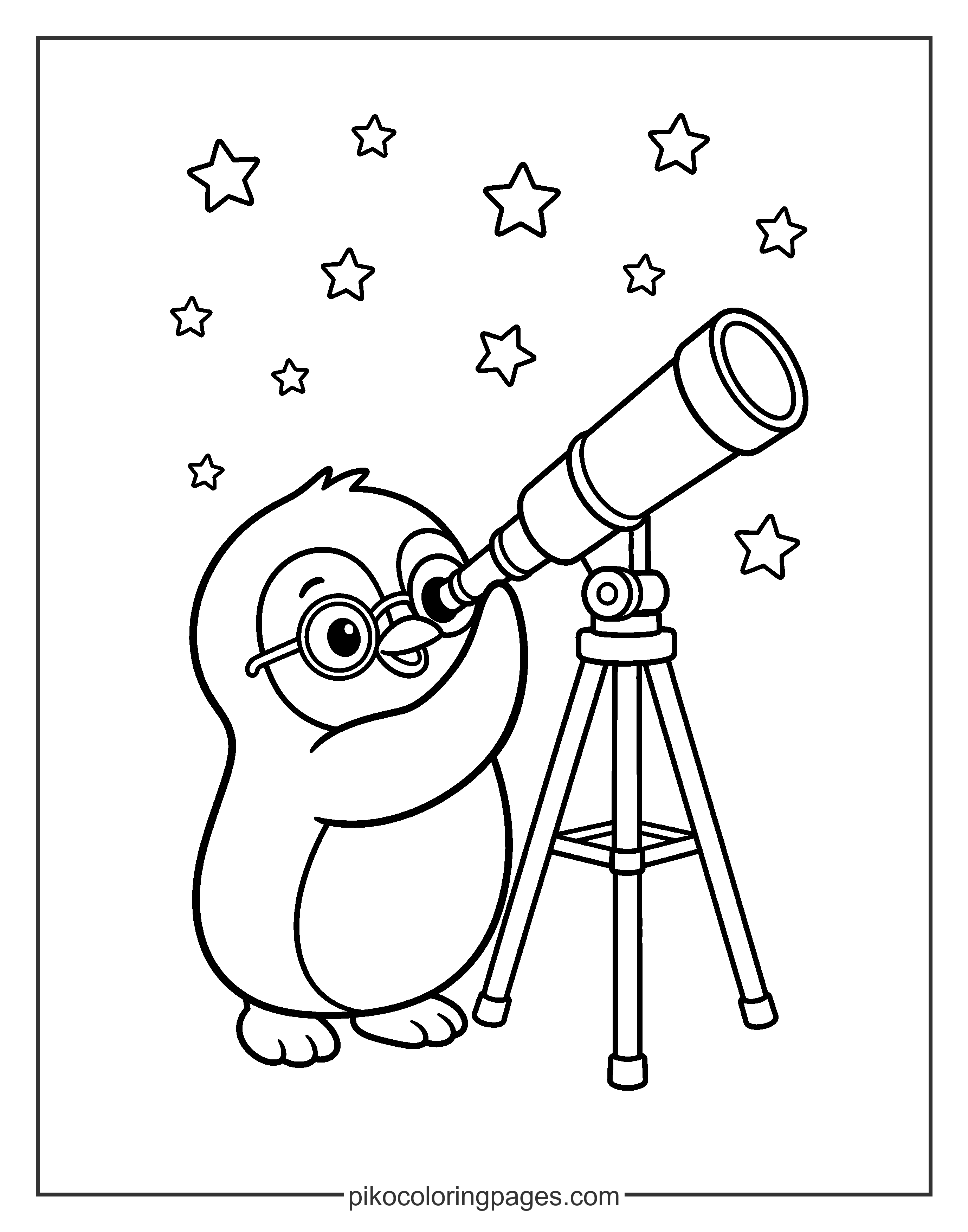 This penguin loves science! He's searching for stars in the night sky. A smart penguin scientist looking at the stars through a telescope.
