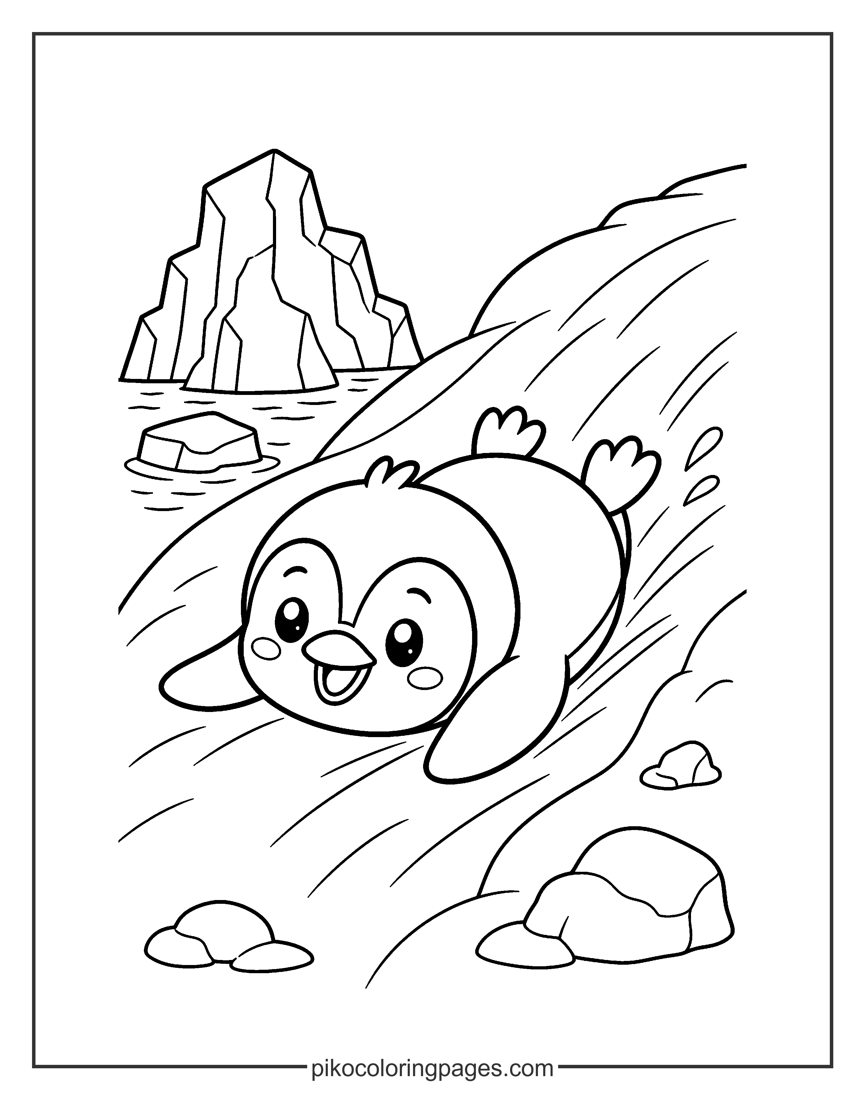 Wheee! This penguin is having a blast sliding across the ice. A happy cartoon penguin sliding on its belly on the ice.