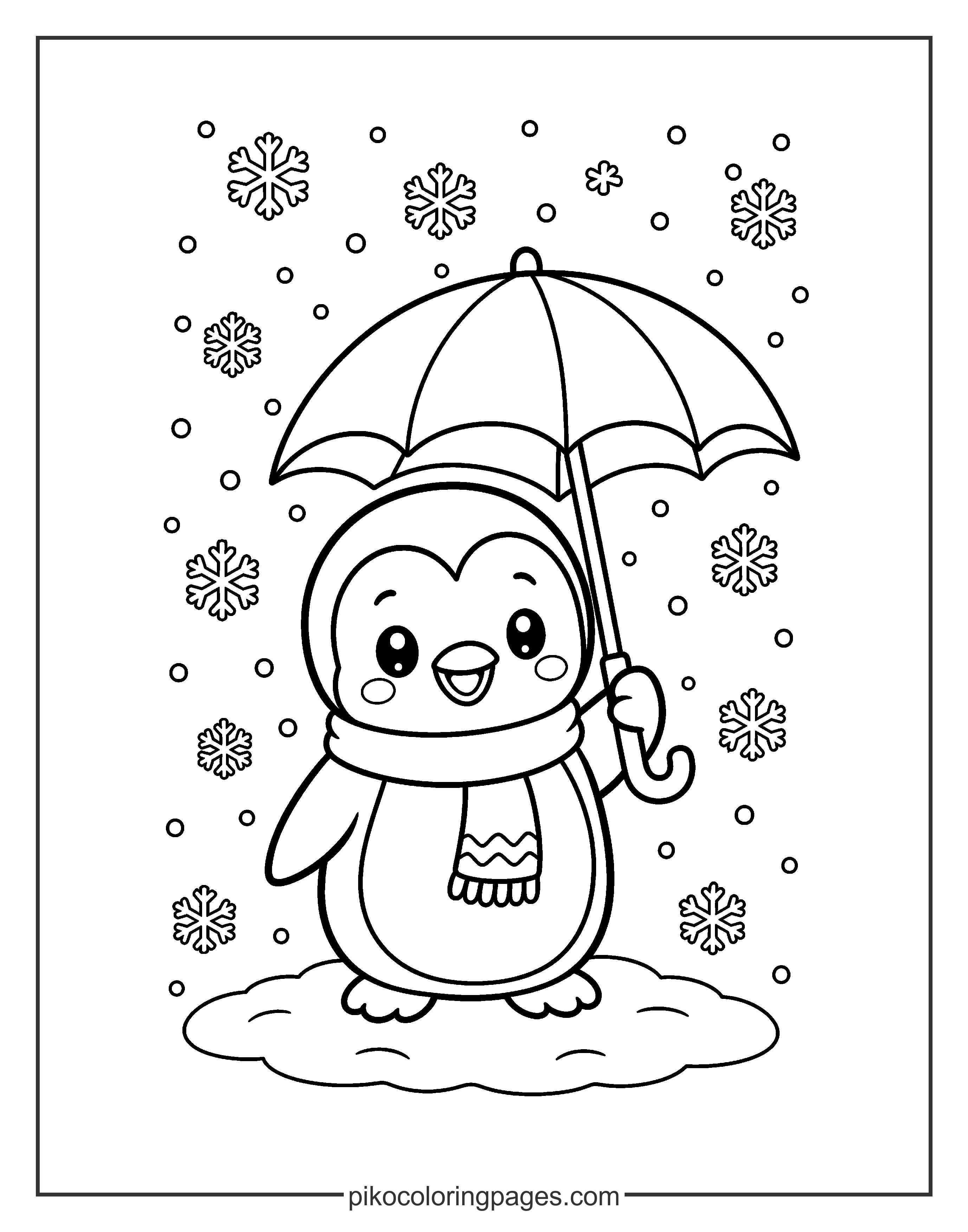 Staying dry in the snow! This penguin has its favorite umbrella. A cute penguin holding an umbrella while it snows.