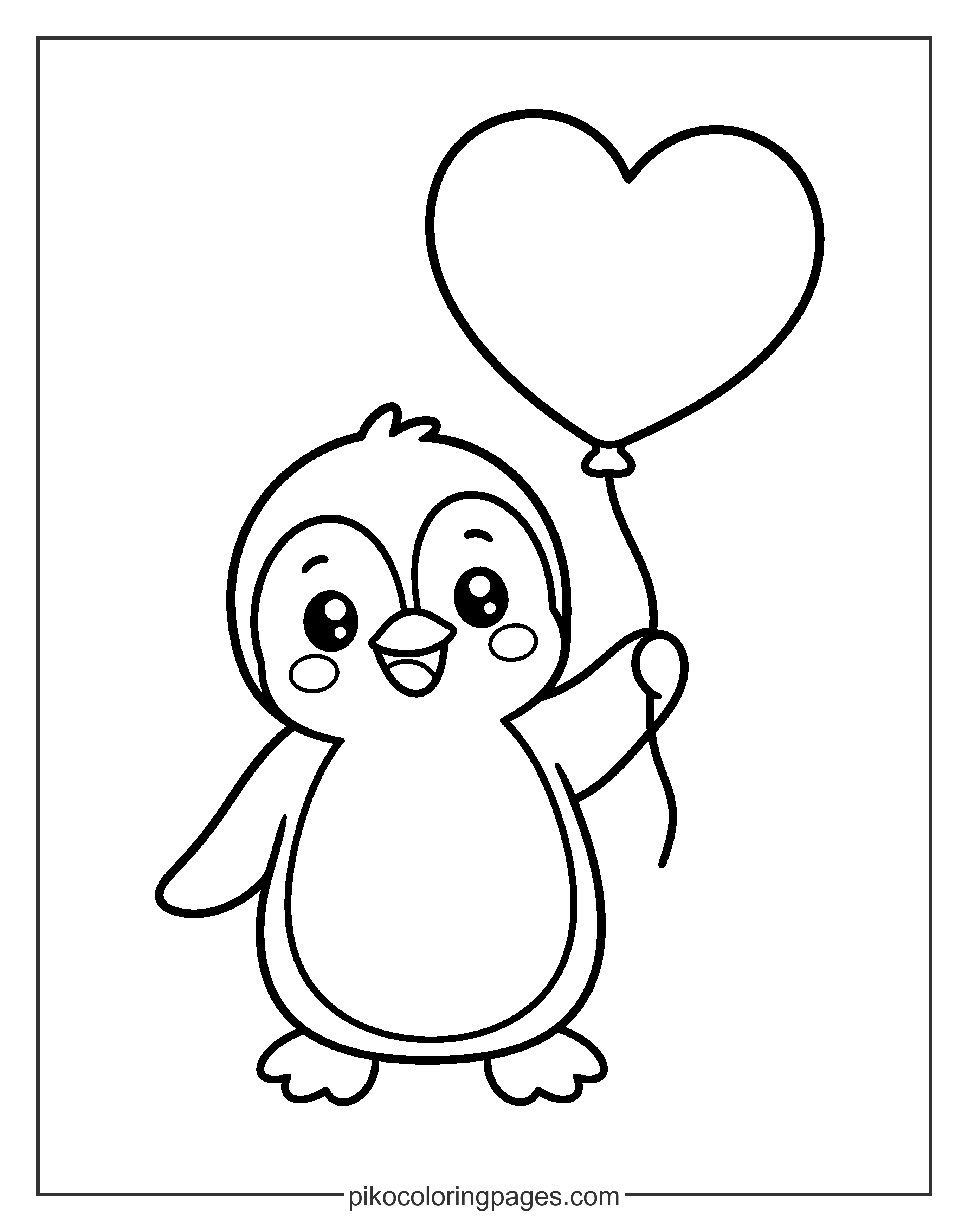 Celebrate with this happy penguin and its big balloon! A happy penguin holding a heart-shaped balloon coloring sheet.