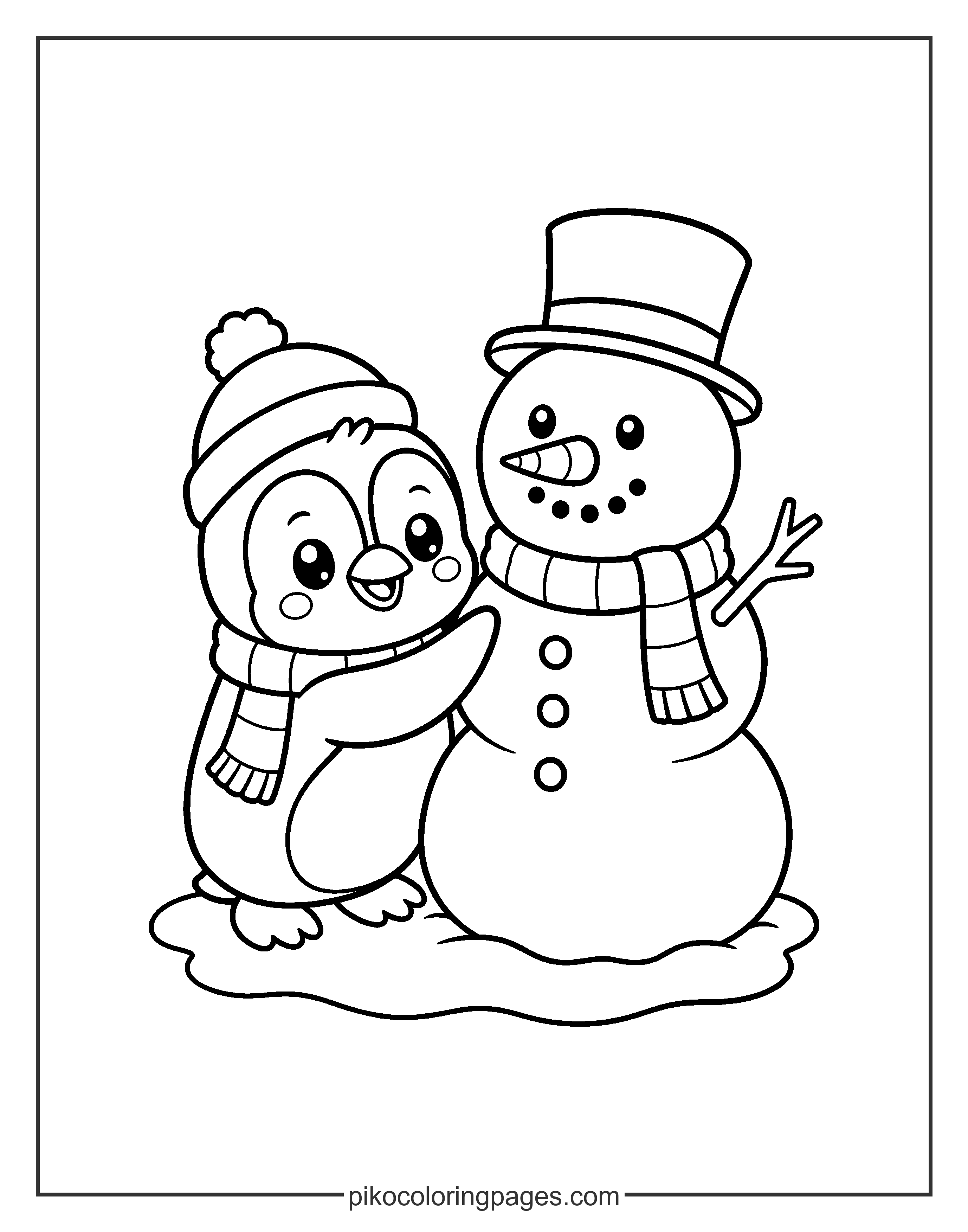 This penguin is an expert at building snowmen! A penguin building a cute snowman in a winter coloring scene.
