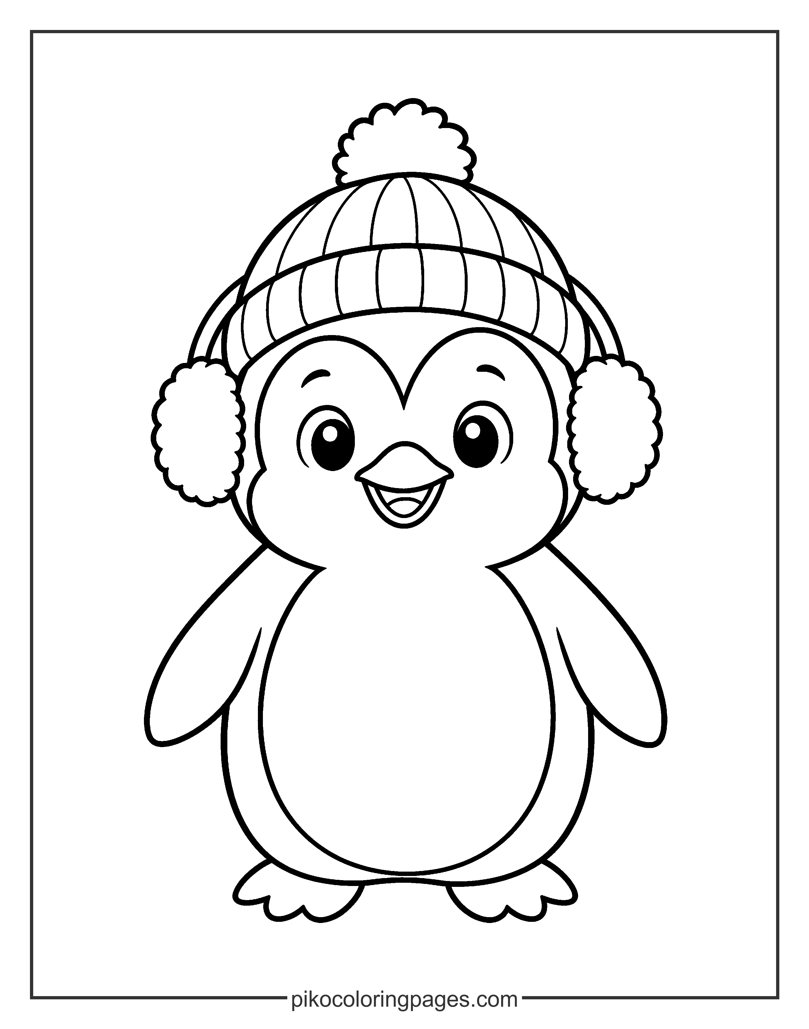 Stay warm! This penguin is ready for the coldest winter day. A penguin dressed in winter clothes like a beanie and earmuffs.