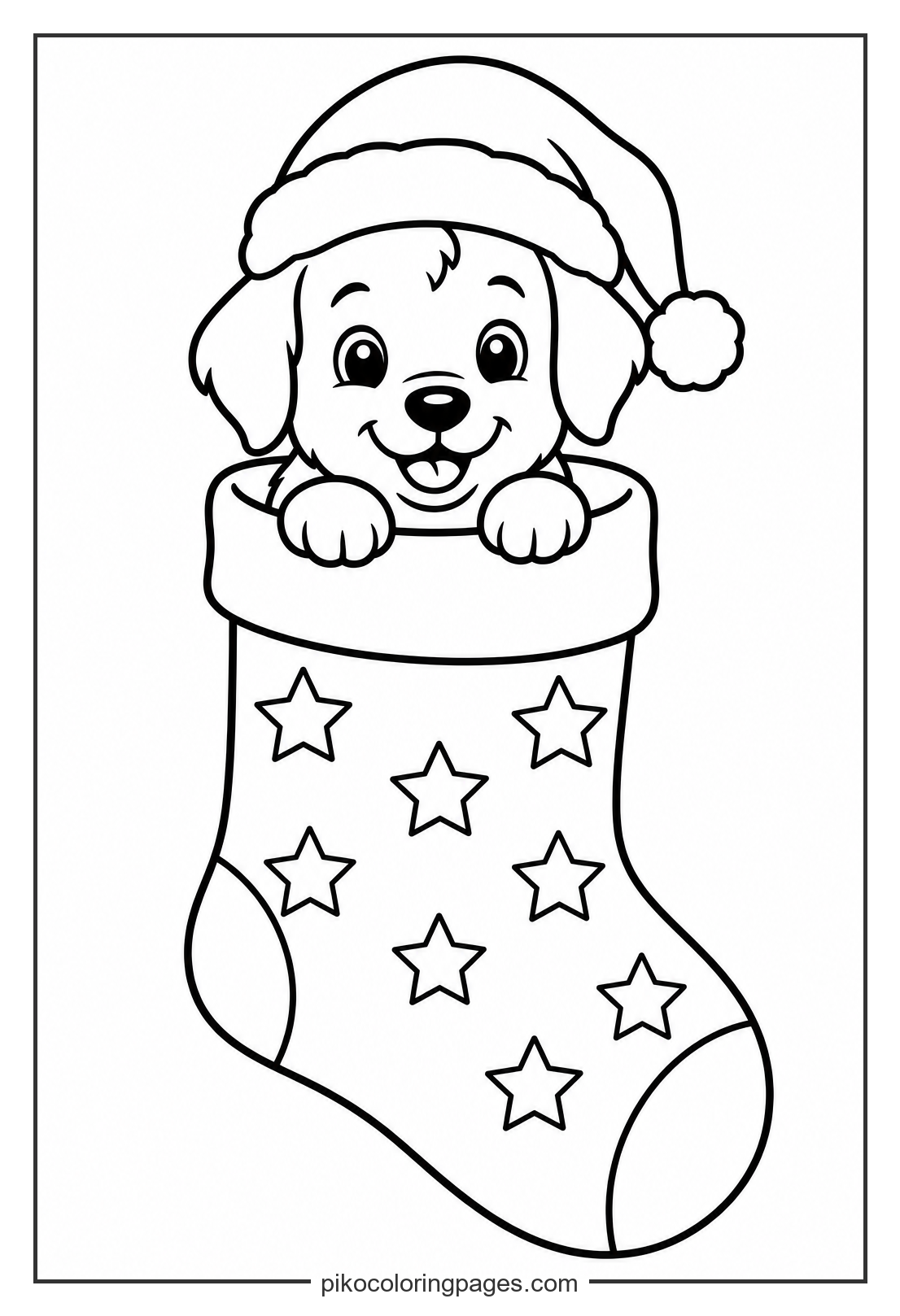 A festive pup waiting for Christmas morning. christmas puppy in stocking coloring page printable