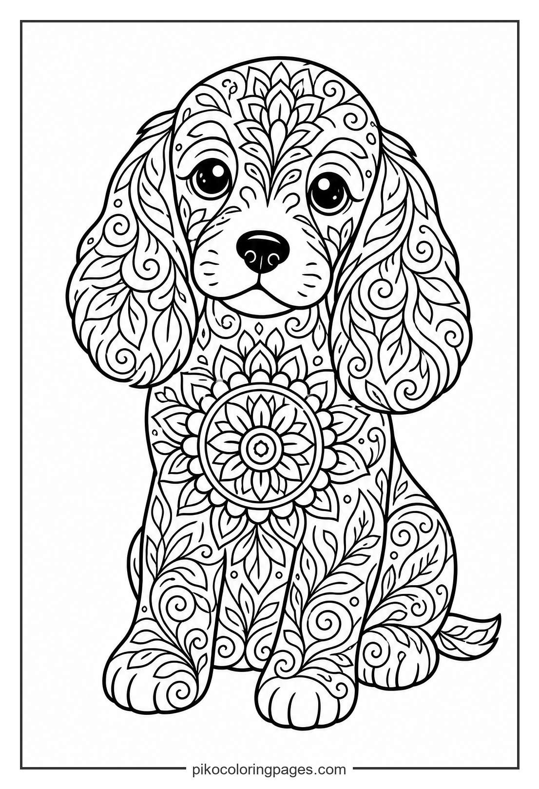A beautiful cocker spaniel puppy with swirling designs. cocker spaniel puppy mandala coloring page