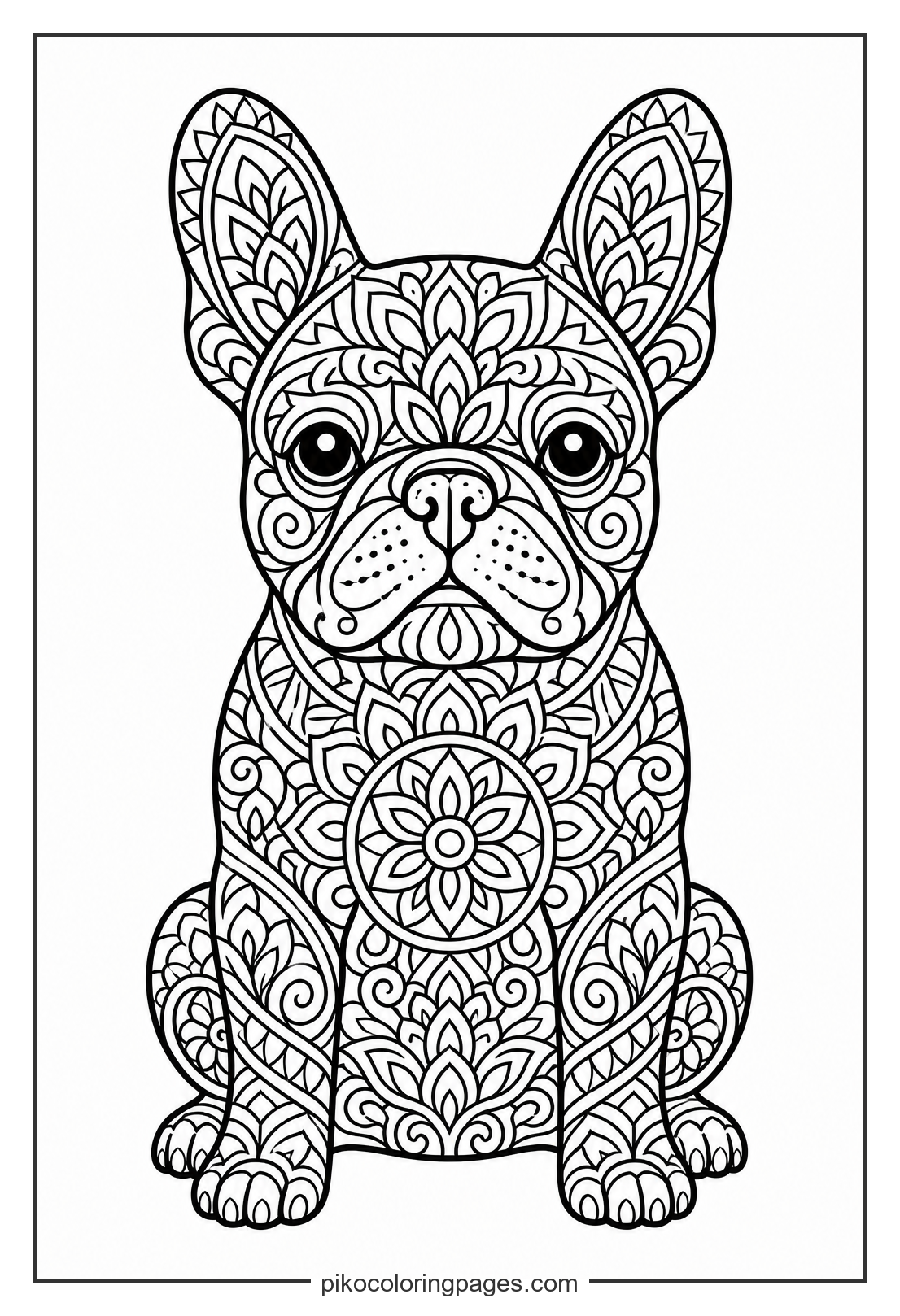 An artistic french bulldog puppy with beautiful patterns. french bulldog puppy mandala coloring page