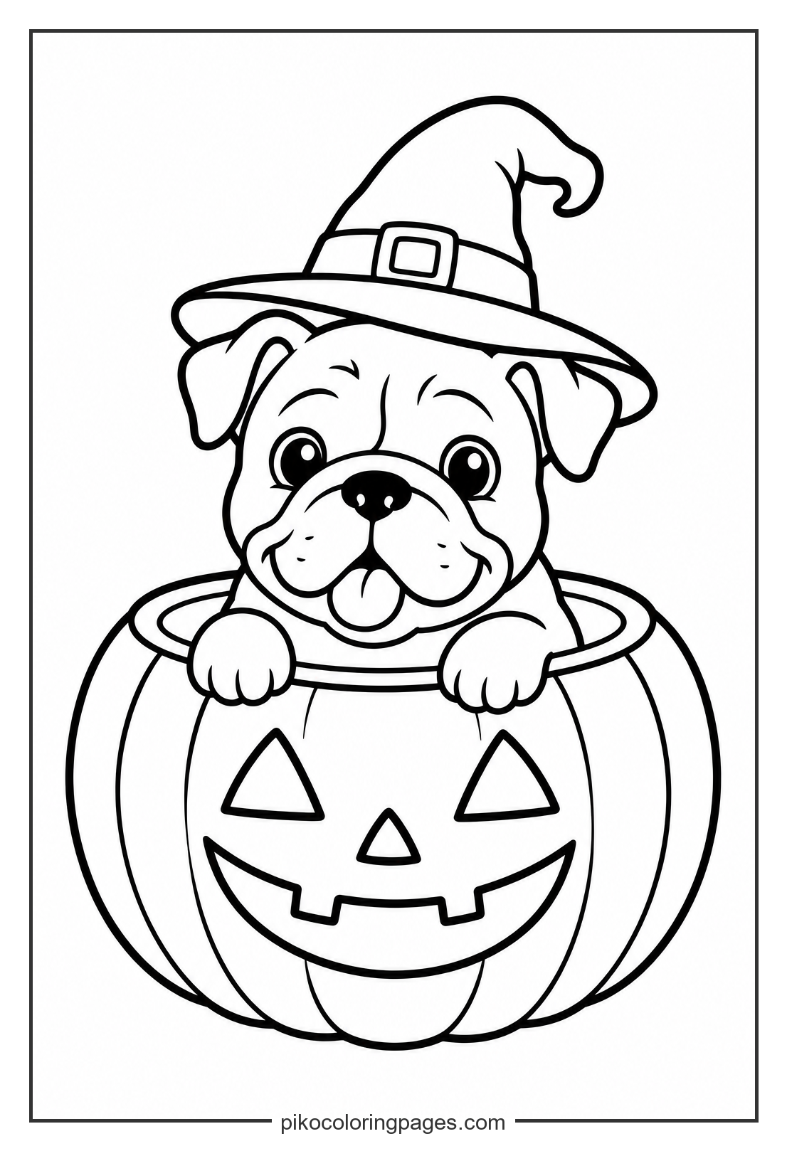A spooky and sweet bulldog puppy in a pumpkin. halloween bulldog puppy in pumpkin coloring page