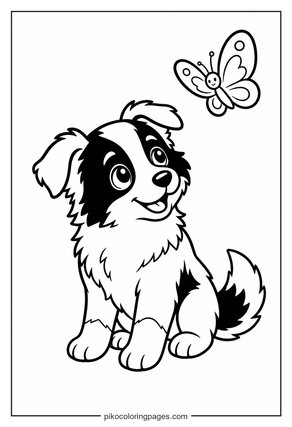 A smart border collie puppy and a new butterfly friend. kawaii border collie puppy butterfly coloring page