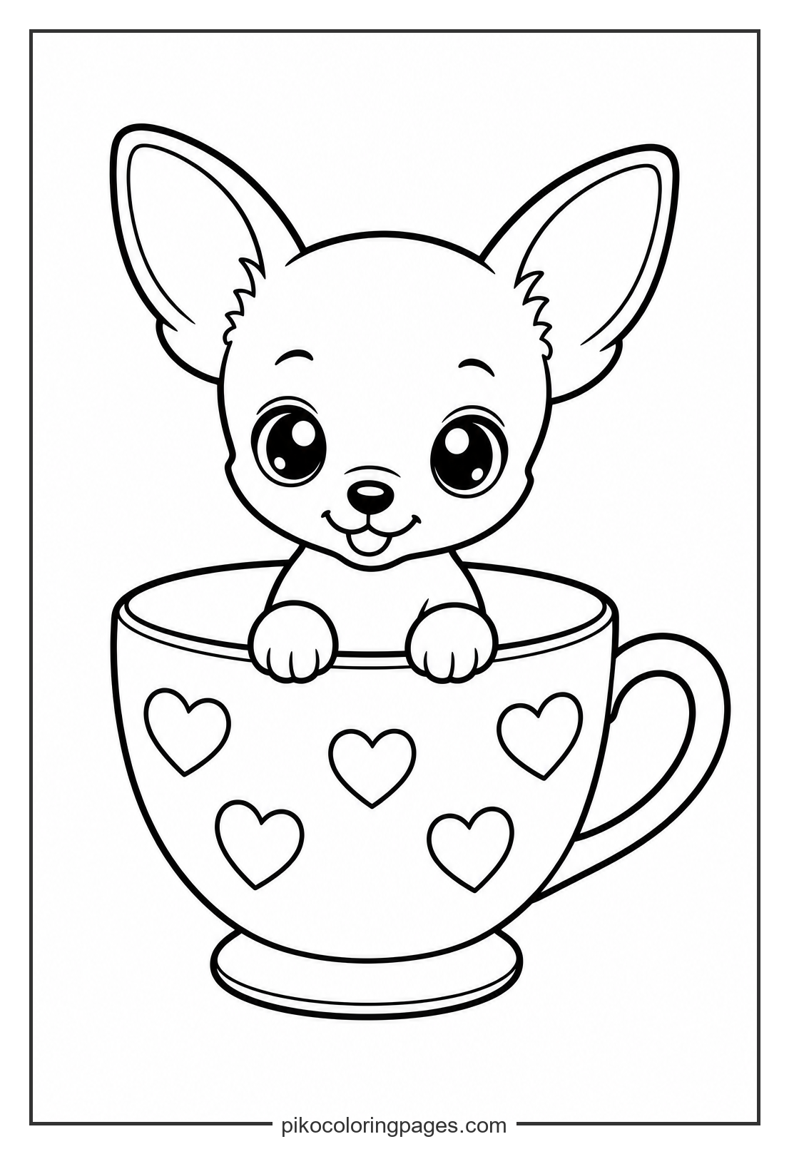 A tiny chihuahua puppy having a tea party. kawaii chihuahua puppy in teacup coloring page