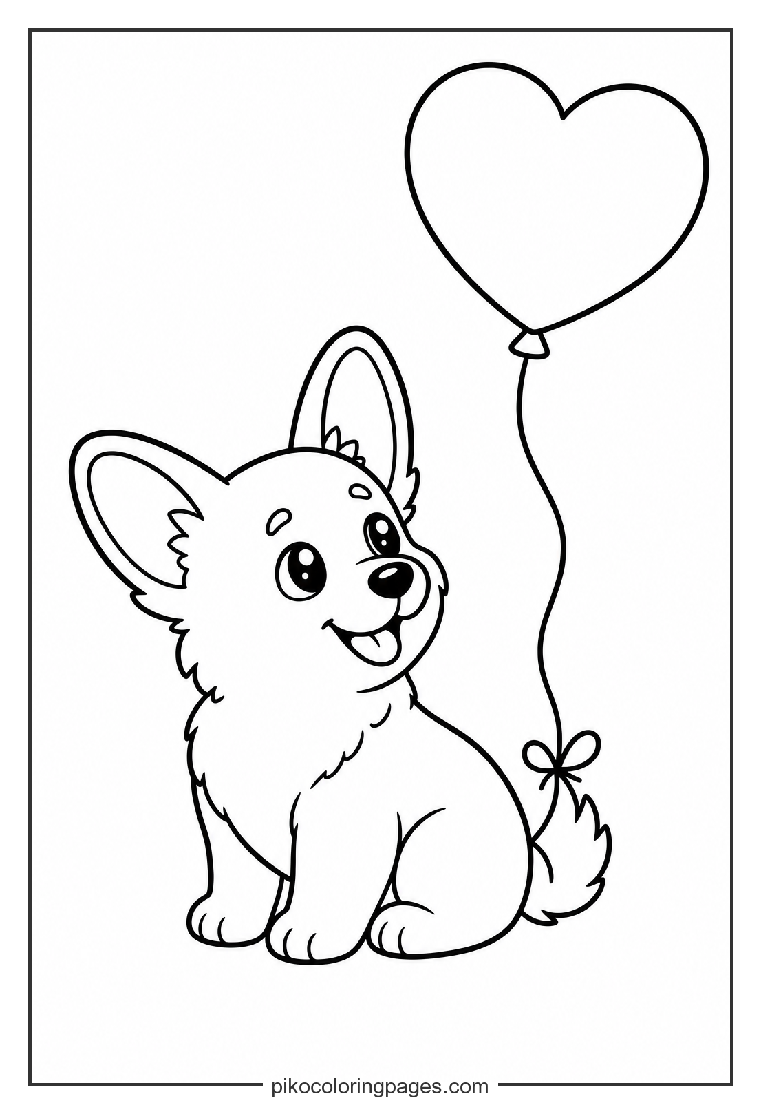 A happy corgi puppy and its floating balloon friend. kawaii corgi puppy with balloon coloring page