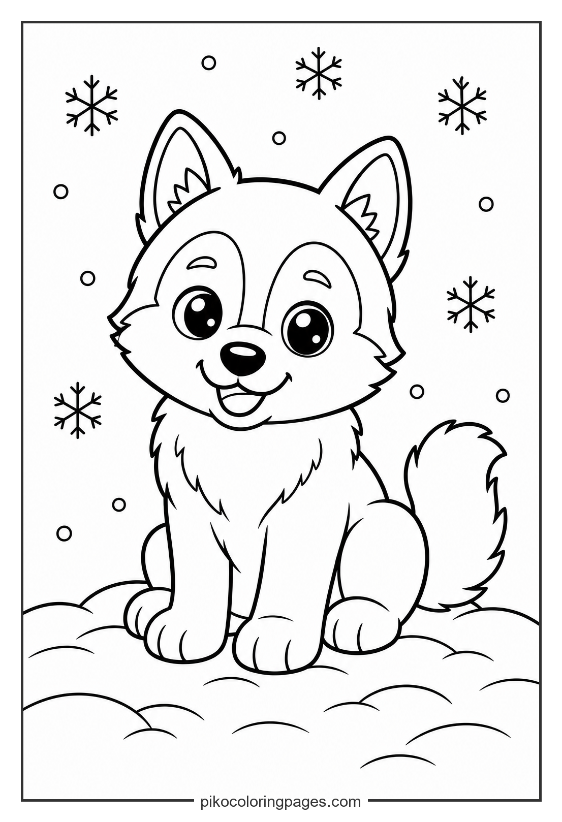 A fluffy husky puppy enjoying a snowy day. kawaii husky puppy in snow coloring page