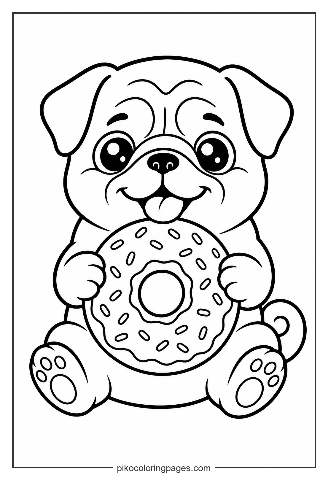 A hungry pug puppy enjoying a sprinkle donut. kawaii pug puppy eating donut coloring page