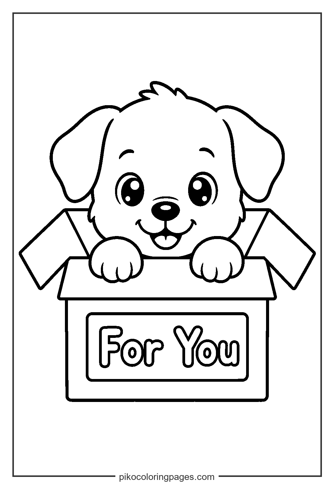 A surprise puppy gift for a special friend. kawaii puppy in gift box coloring page printable