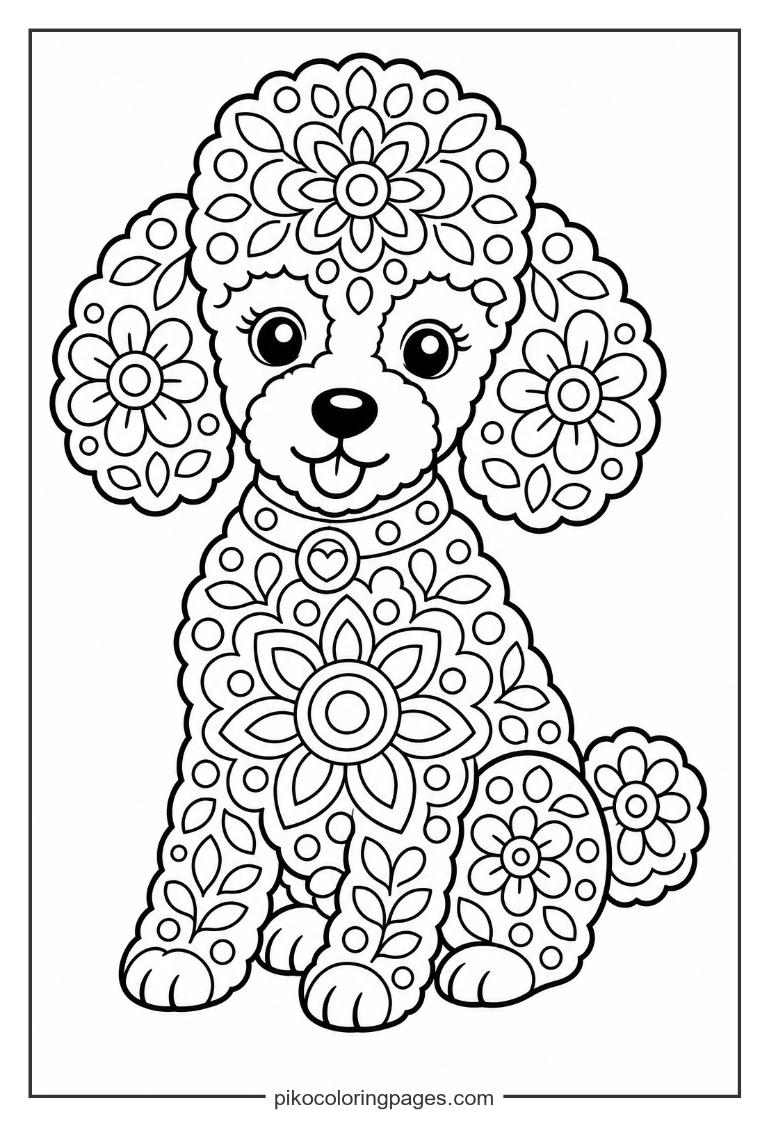 A stylish poodle puppy filled with intricate mandala patterns. poodle puppy mandala coloring page for adults and kids