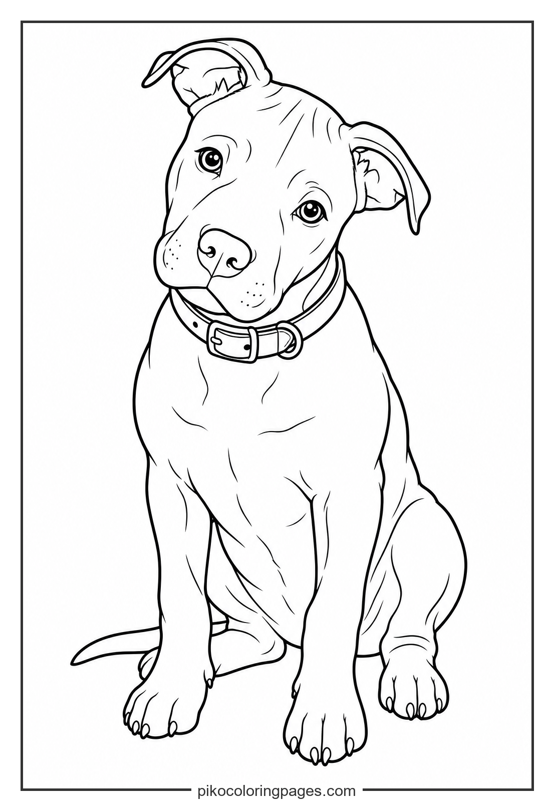 A sweet pitbull puppy with a curious head tilt. realistic pitbull puppy coloring page for older kids