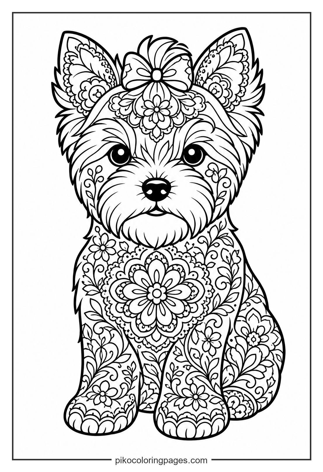 An intricate yorkie puppy design for detail lovers. yorkie puppy mandala coloring page detailed