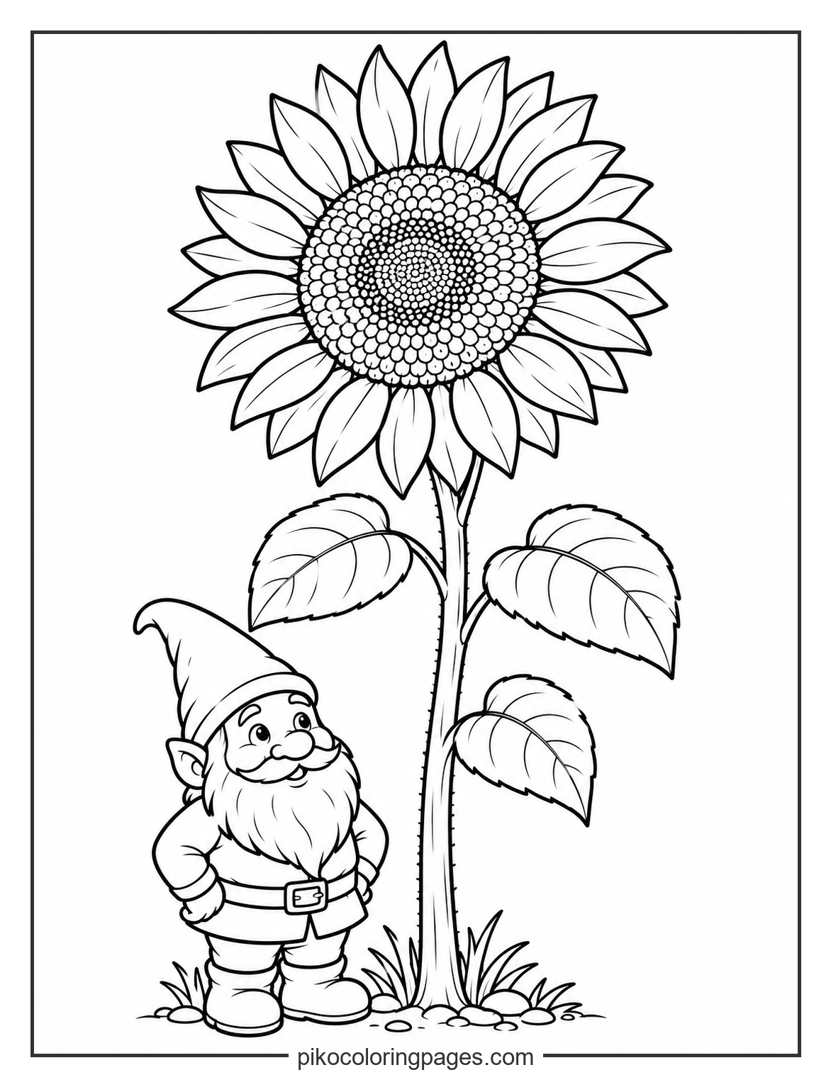A garden gnome guarding his favorite giant sunflower. sunflower and a garden gnome coloring page