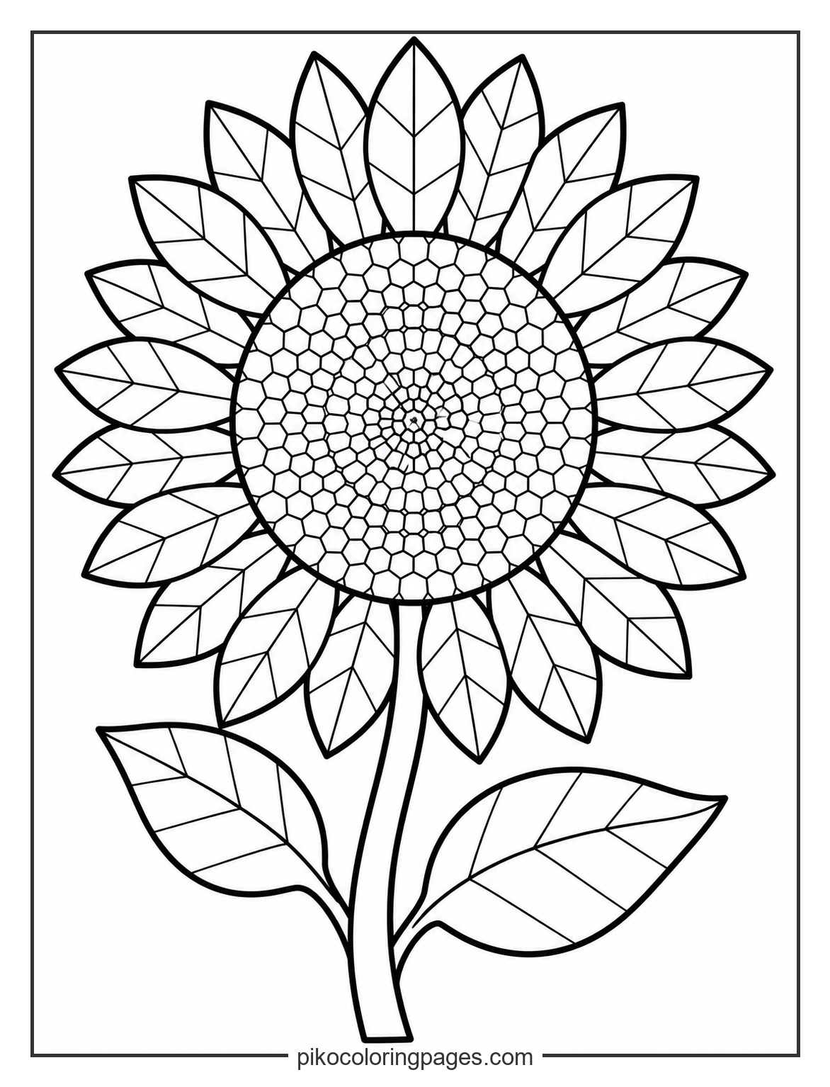 A geometric take on a classic garden favorite. sunflower with intricate geometric petals coloring page