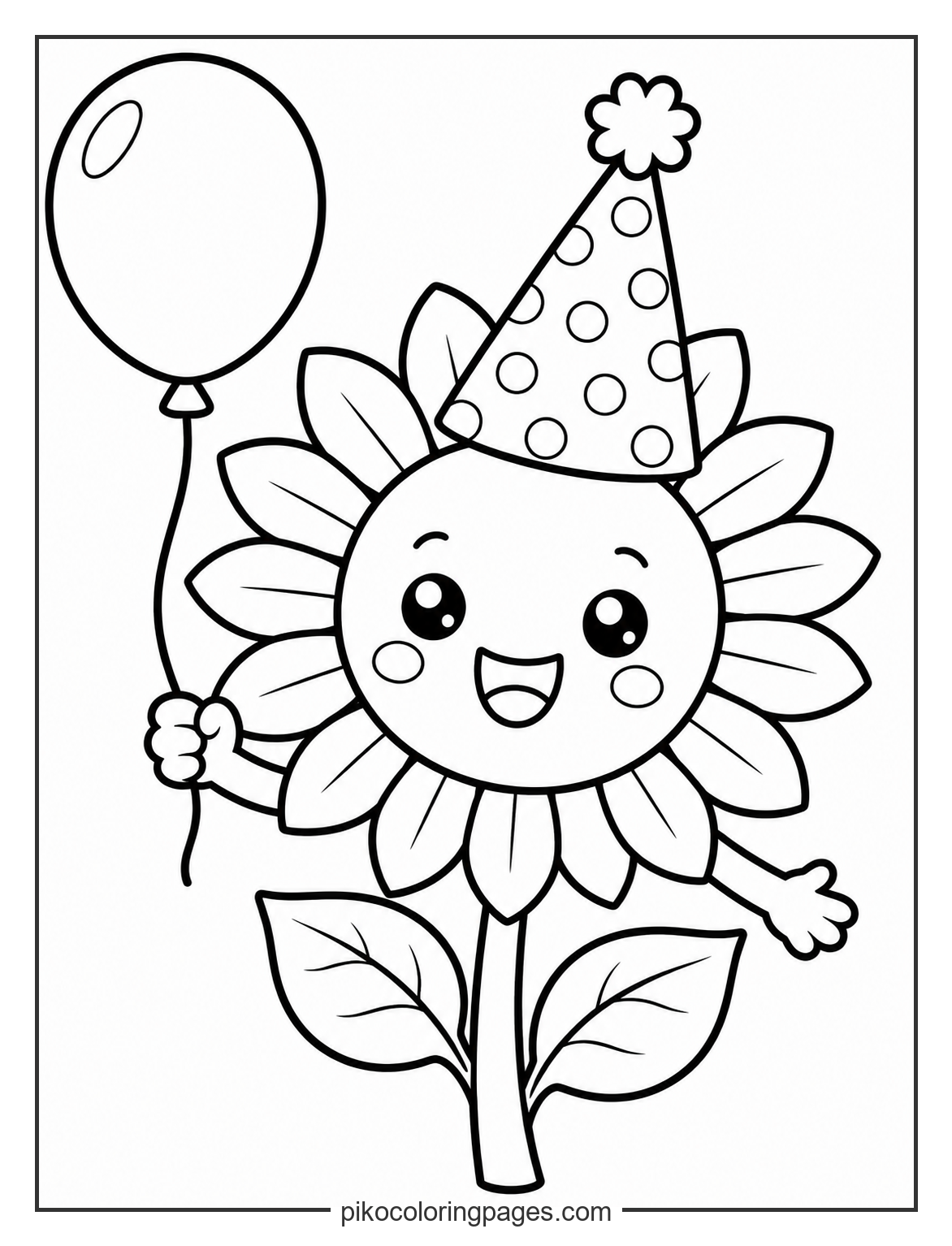 Ready for a garden party! This sunflower is celebrating. kawaii sunflower wearing a birthday hat coloring page