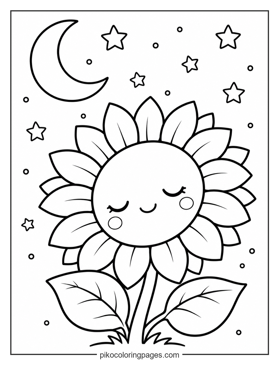 Even the brightest flowers need their beauty sleep. kawaii sunflower sleeping under the moon coloring page
