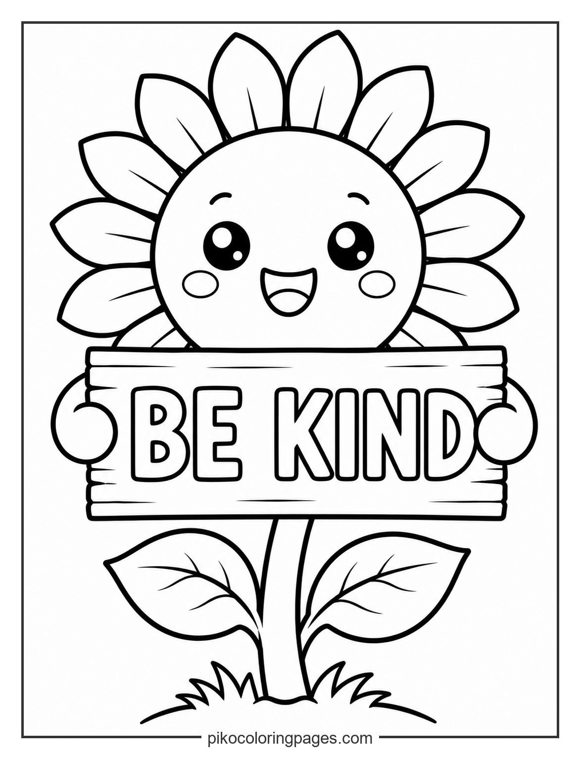 A sunny reminder to always be kind to others. kawaii sunflower holding a be kind sign coloring page