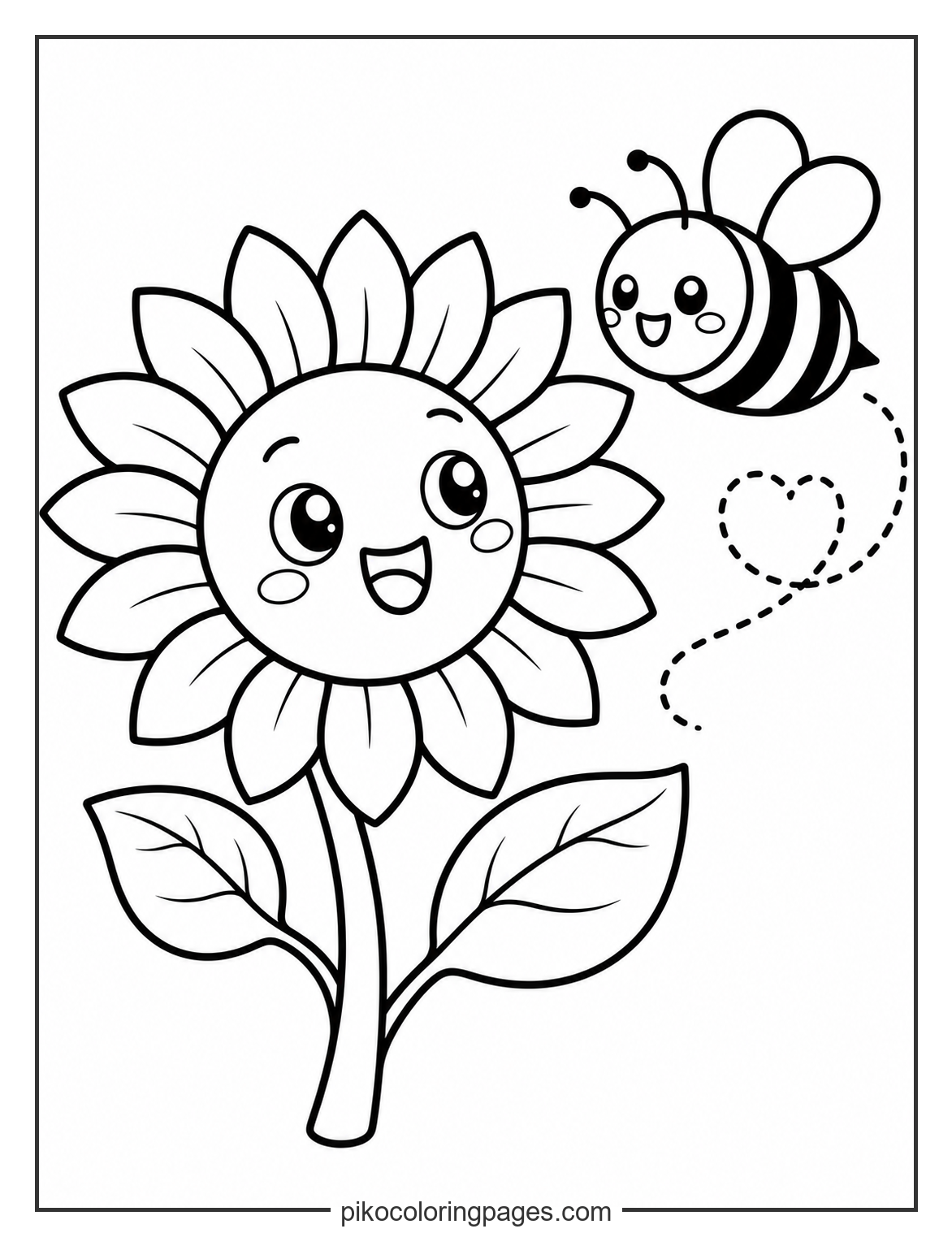 A sweet friendship between a flower and a busy bee. kawaii sunflower and a happy bumble bee coloring page