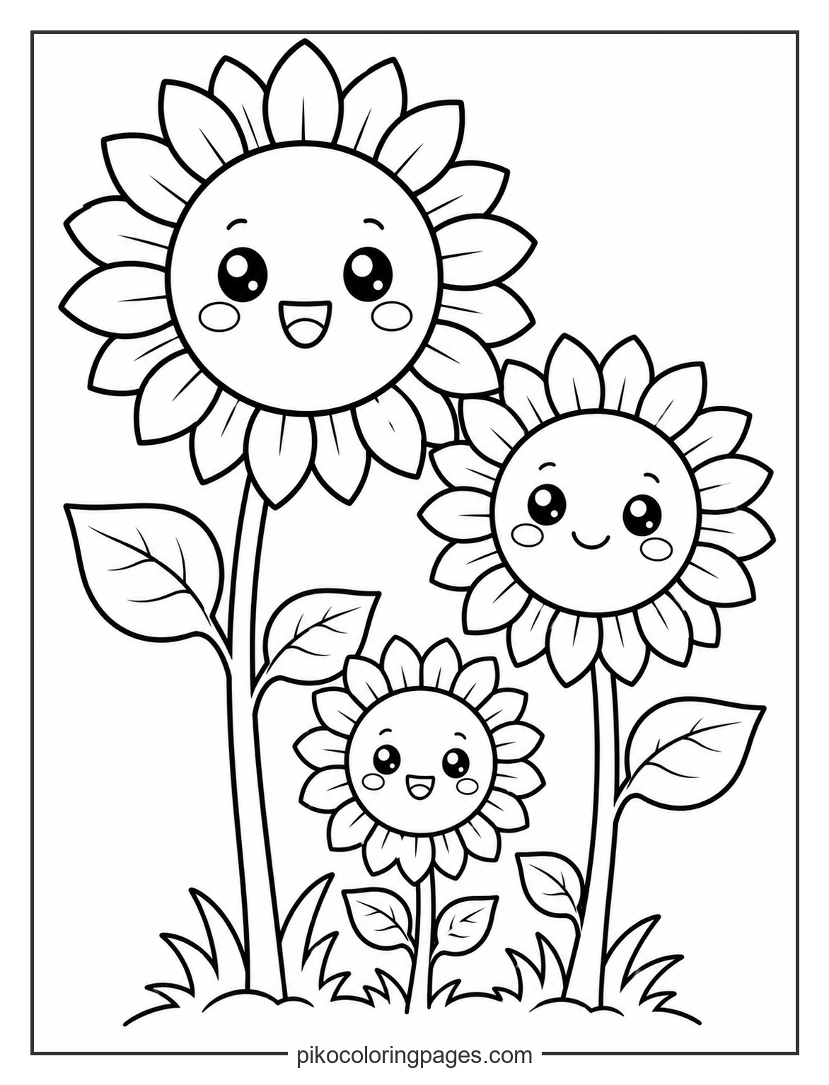 A happy sunflower family growing tall together. kawaii sunflower family of three coloring page
