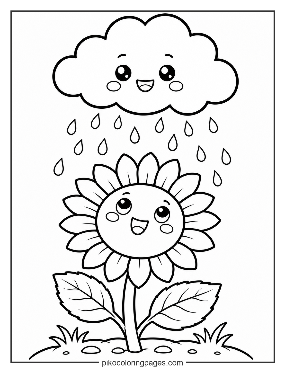 Drinking up the rain with a happy sunflower smile. kawaii sunflower under a happy rain cloud coloring page