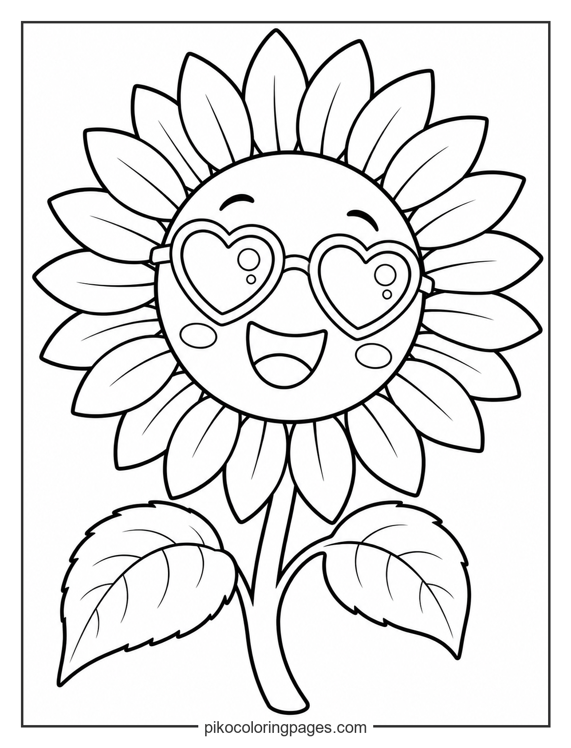 This sunflower is ready for a bright summer day! kawaii sunflower wearing heart shaped sunglasses coloring page