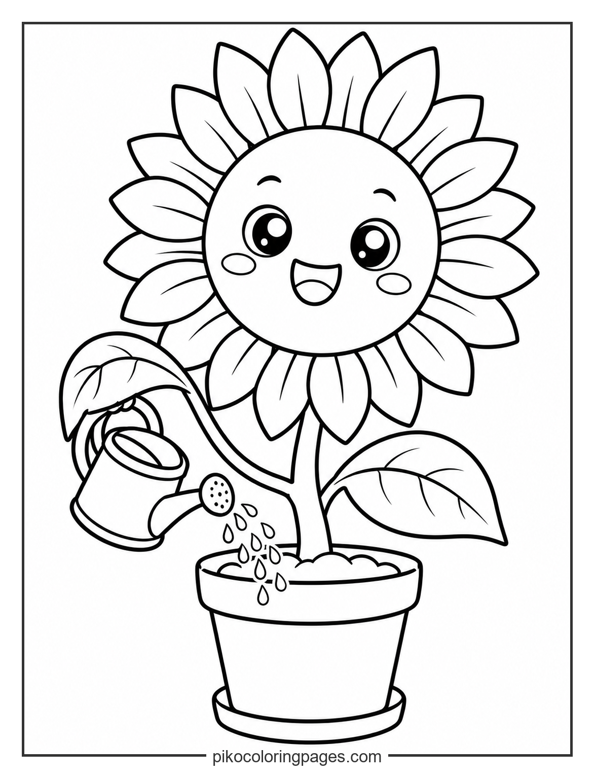 Even sunflowers need a little help staying hydrated! cute kawaii sunflower holding a watering can coloring page