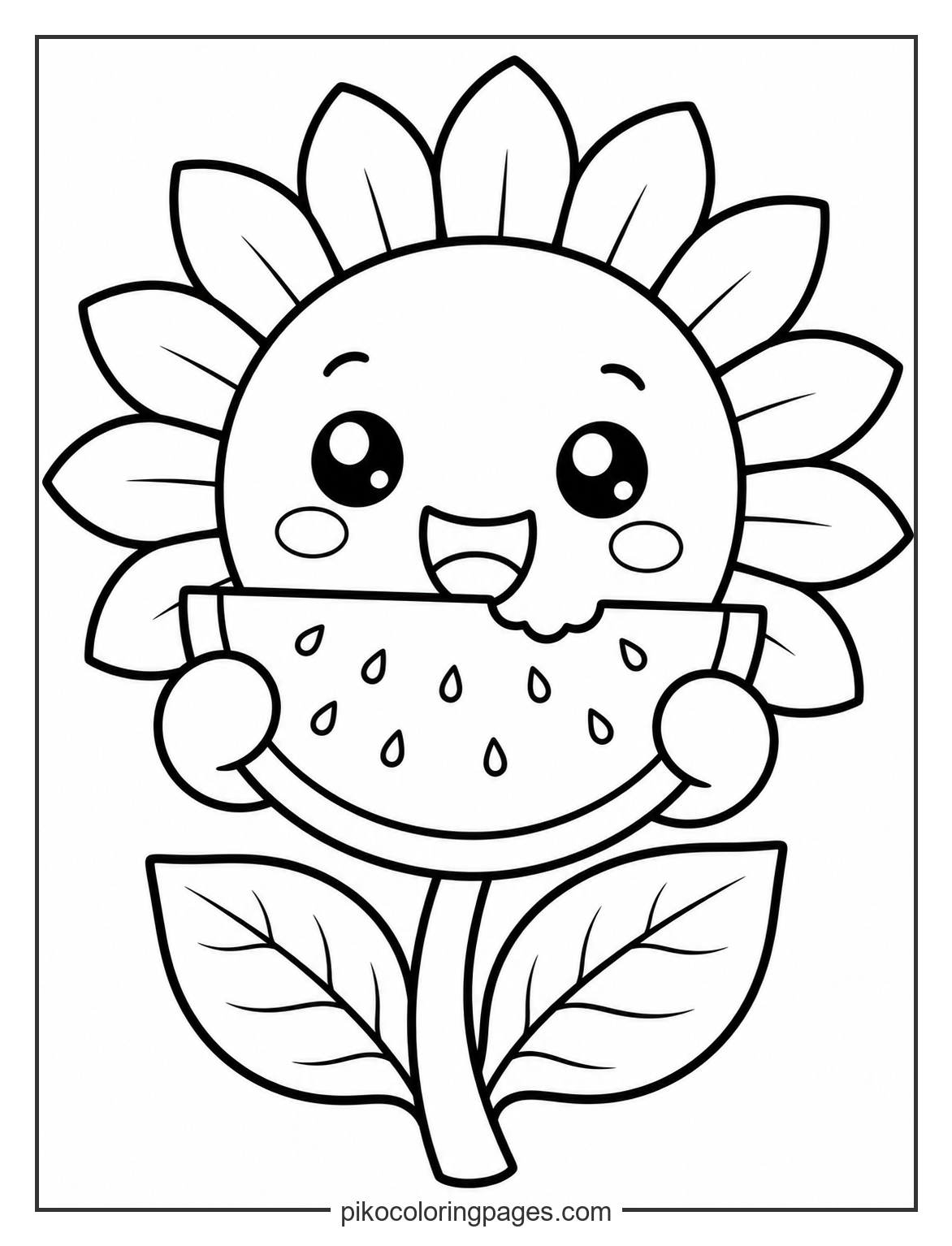 The ultimate summer snack for a summer flower. kawaii sunflower eating watermelon coloring page