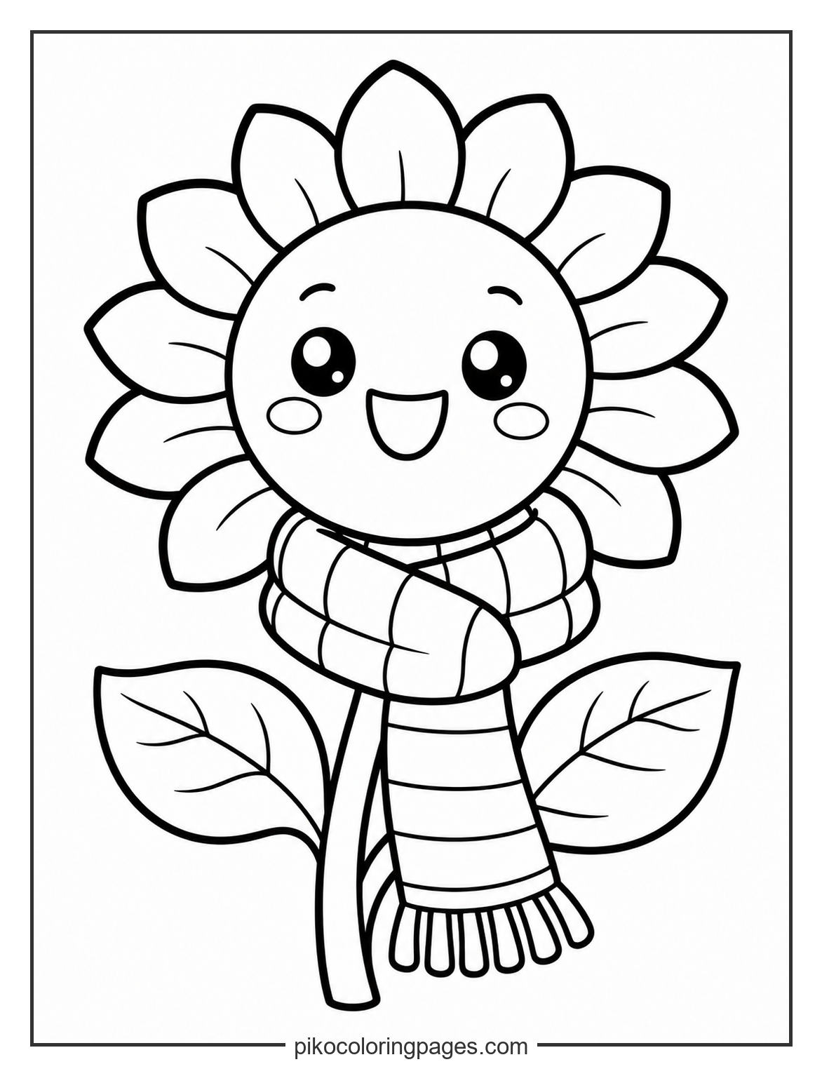 Who says sunflowers only like the summer? kawaii sunflower wearing a cozy winter scarf coloring page