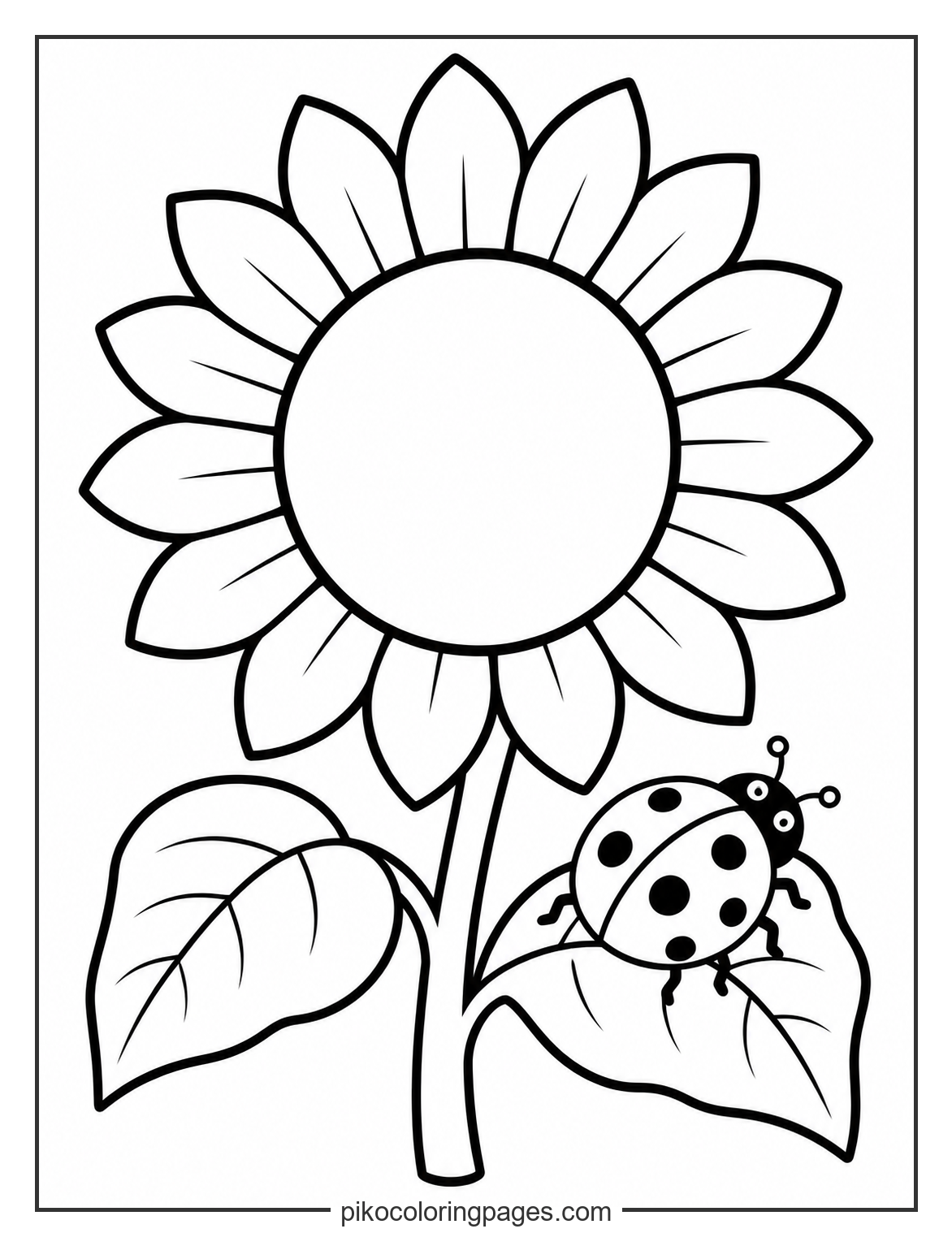 Can you find the little ladybug visitor? simple sunflower with a ladybug on a leaf coloring page